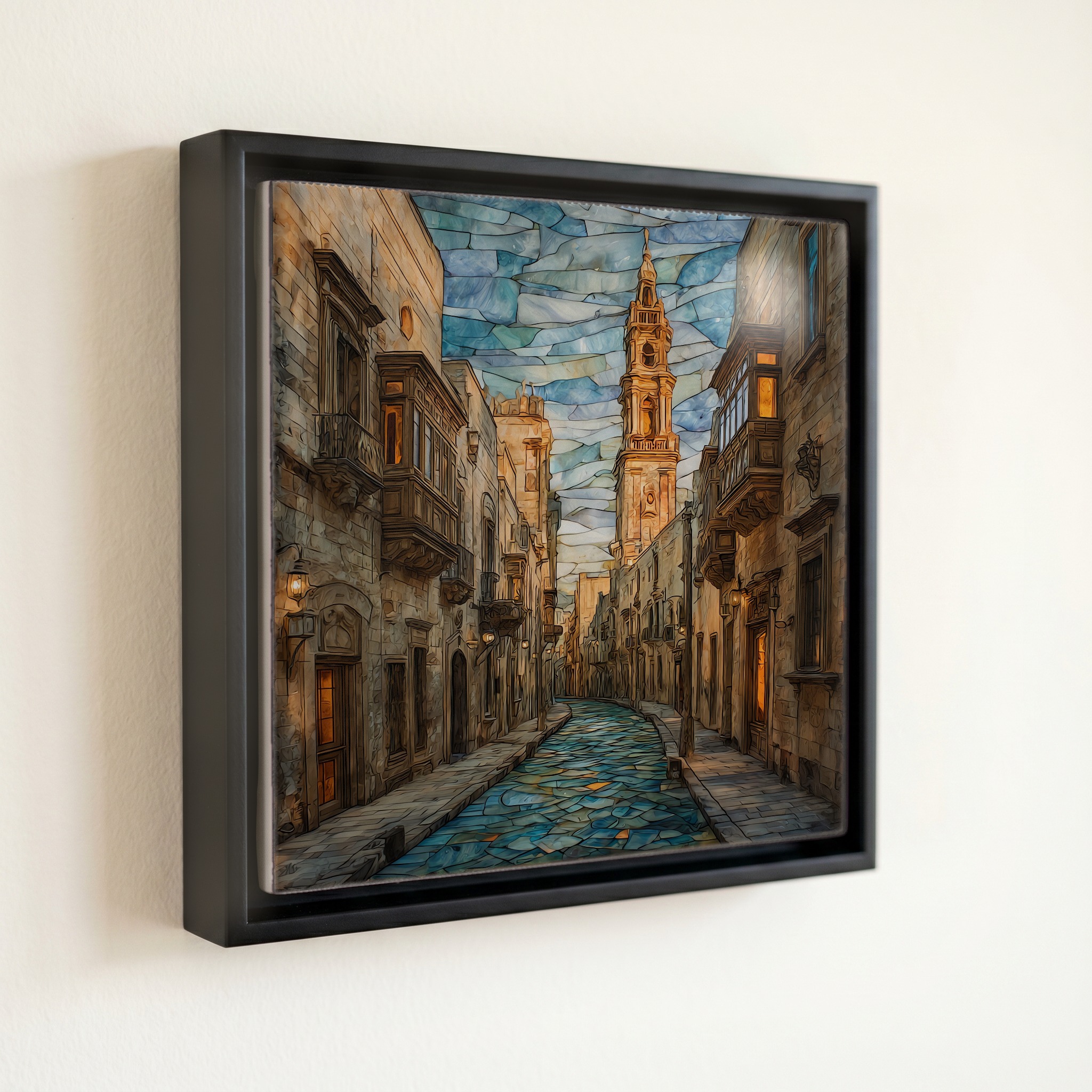 shown in a slim black floating frame · 6 × 6 in