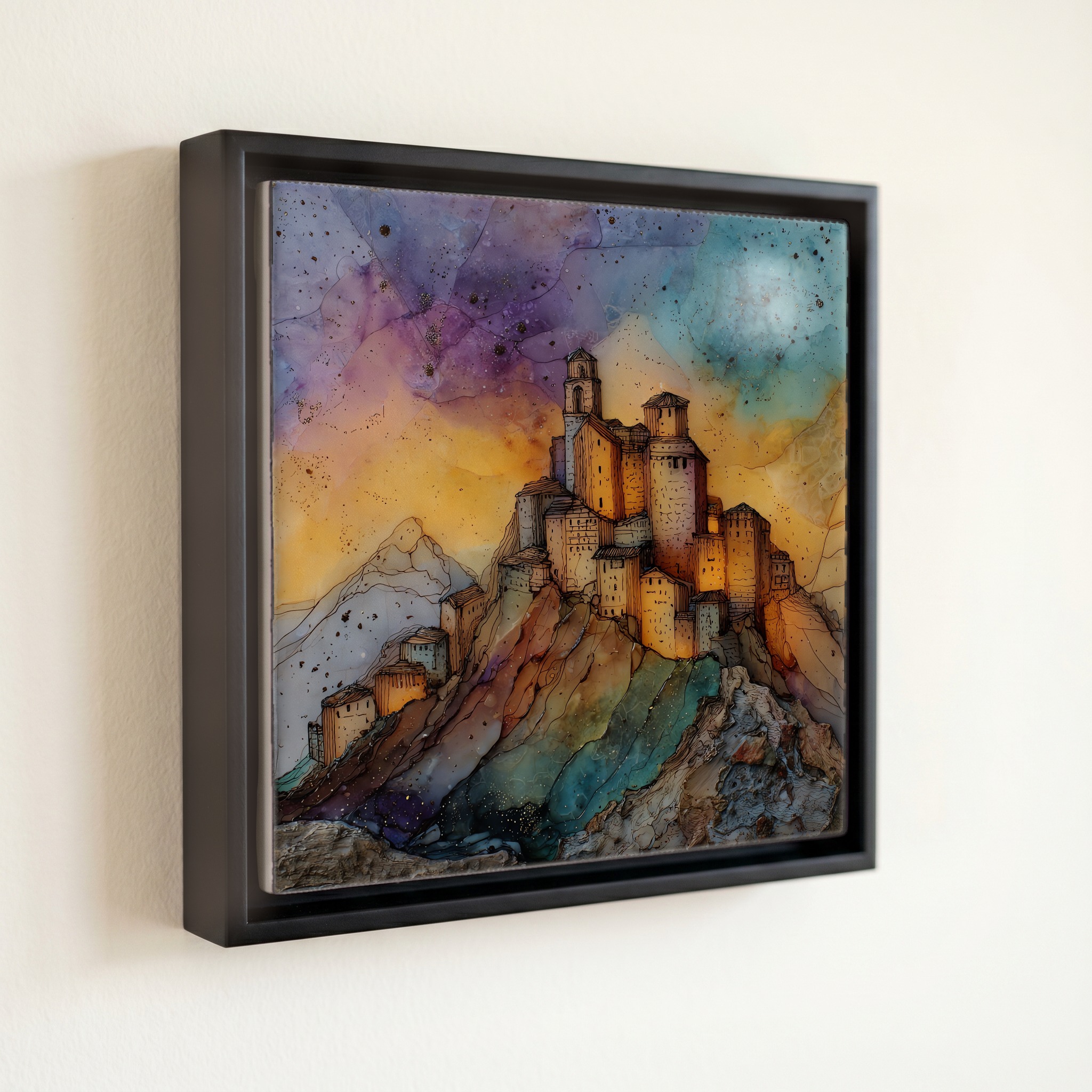 shown in a slim black floating frame · 6 × 6 in