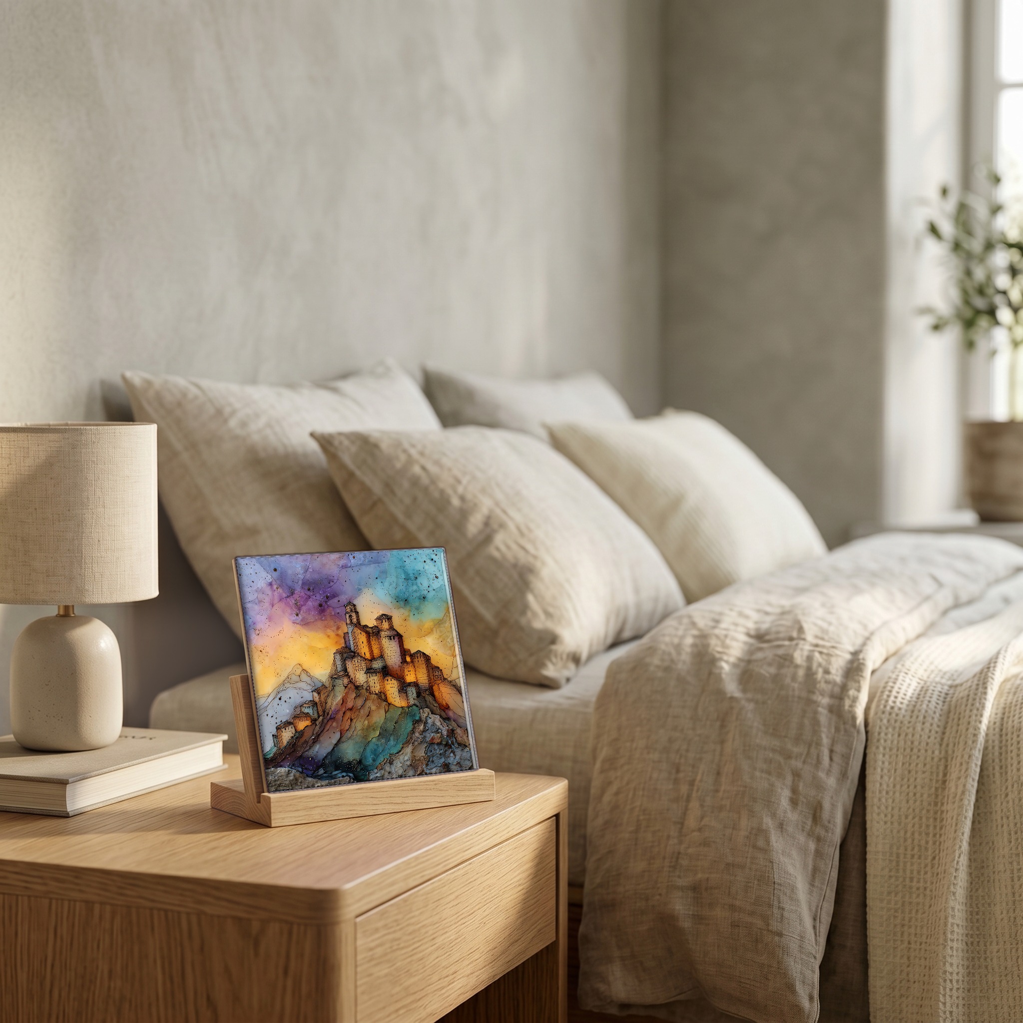 On the nightstand, on a light oak stand.