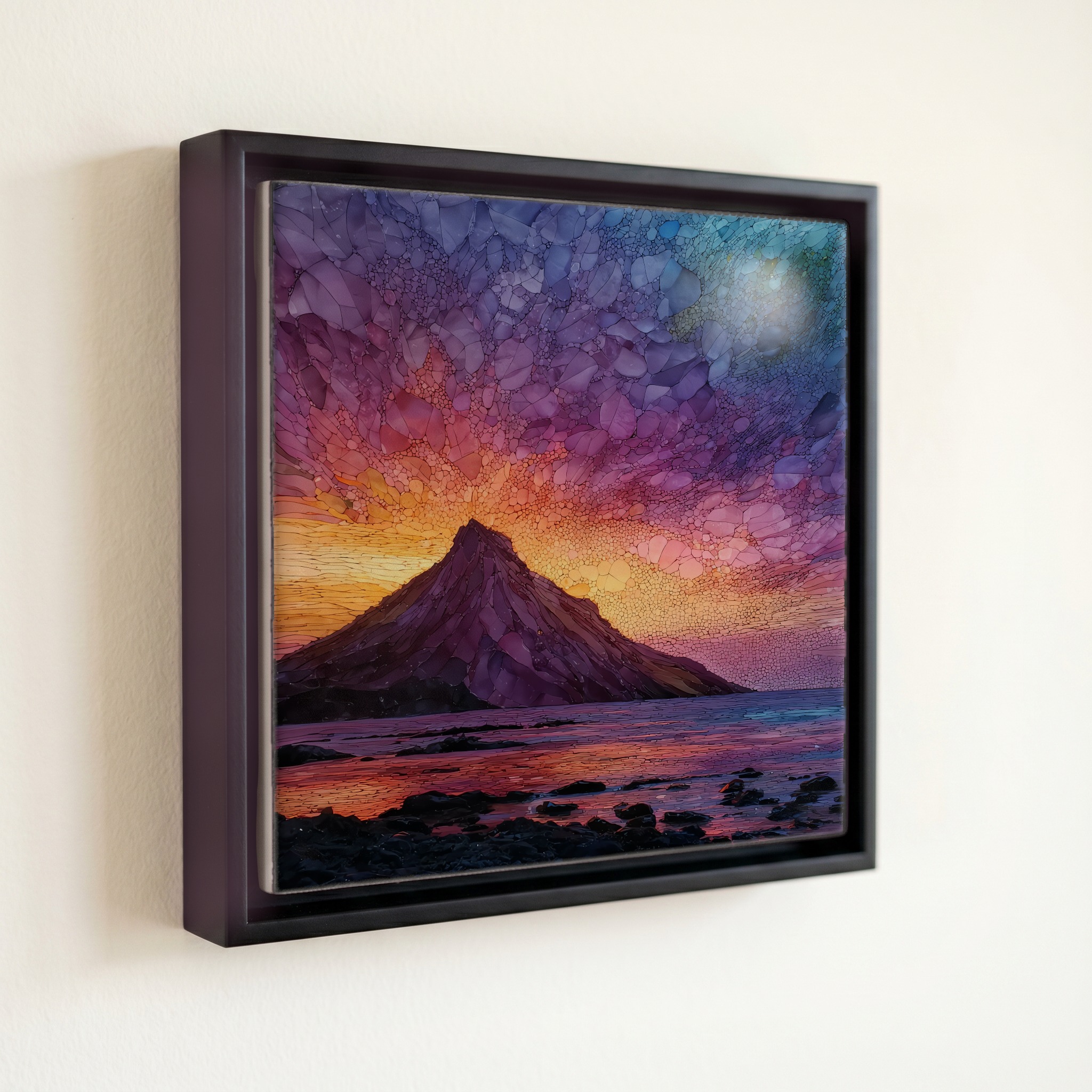 shown in a slim black floating frame · 6 × 6 in