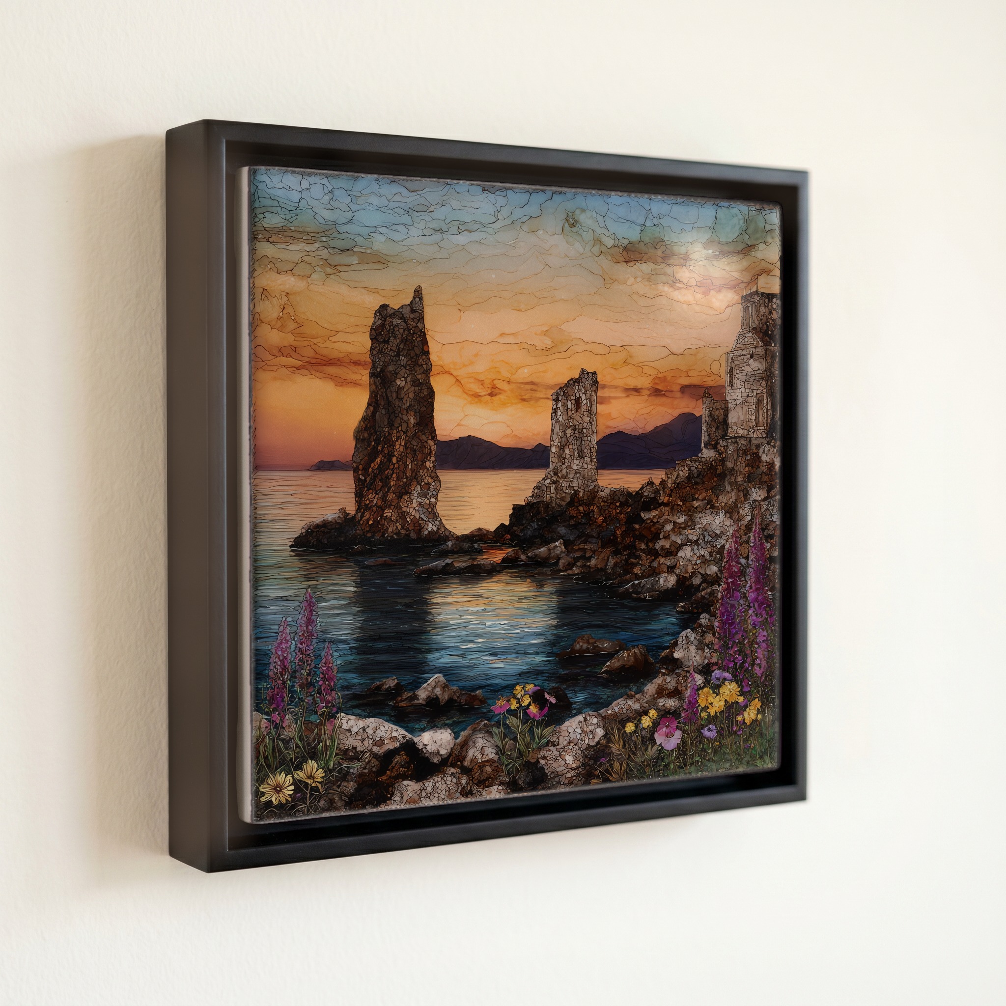 shown in a slim black floating frame · 6 × 6 in