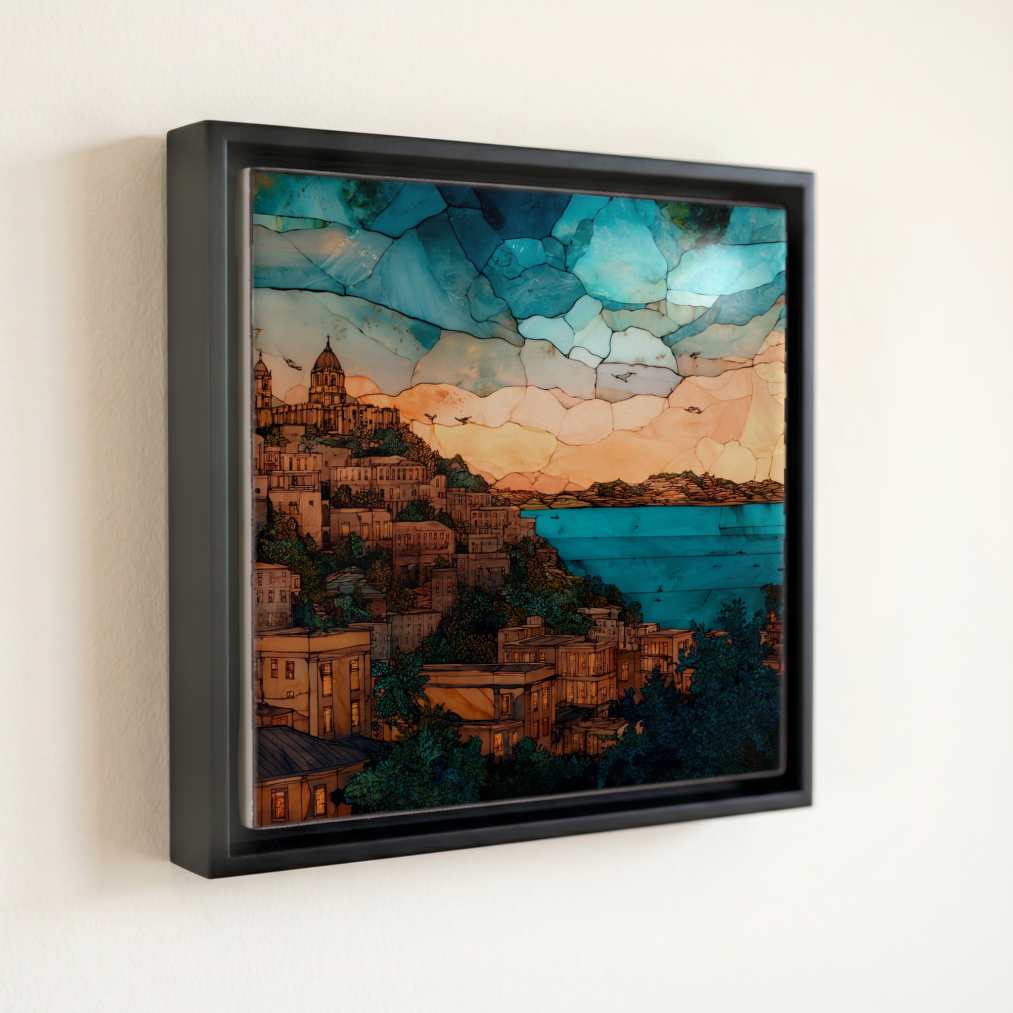 shown in a slim black floating frame · 6 × 6 in