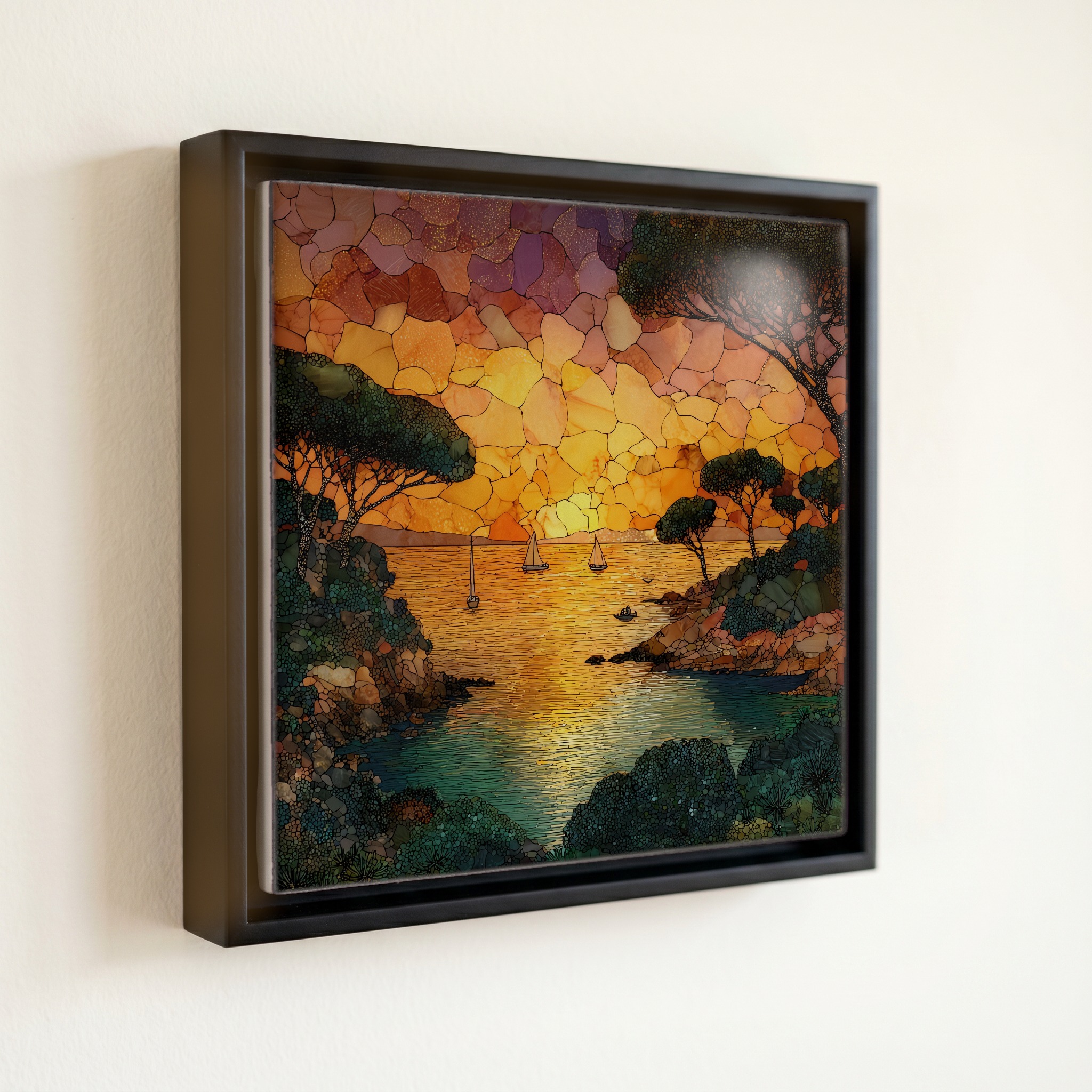 shown in a slim black floating frame · 6 × 6 in