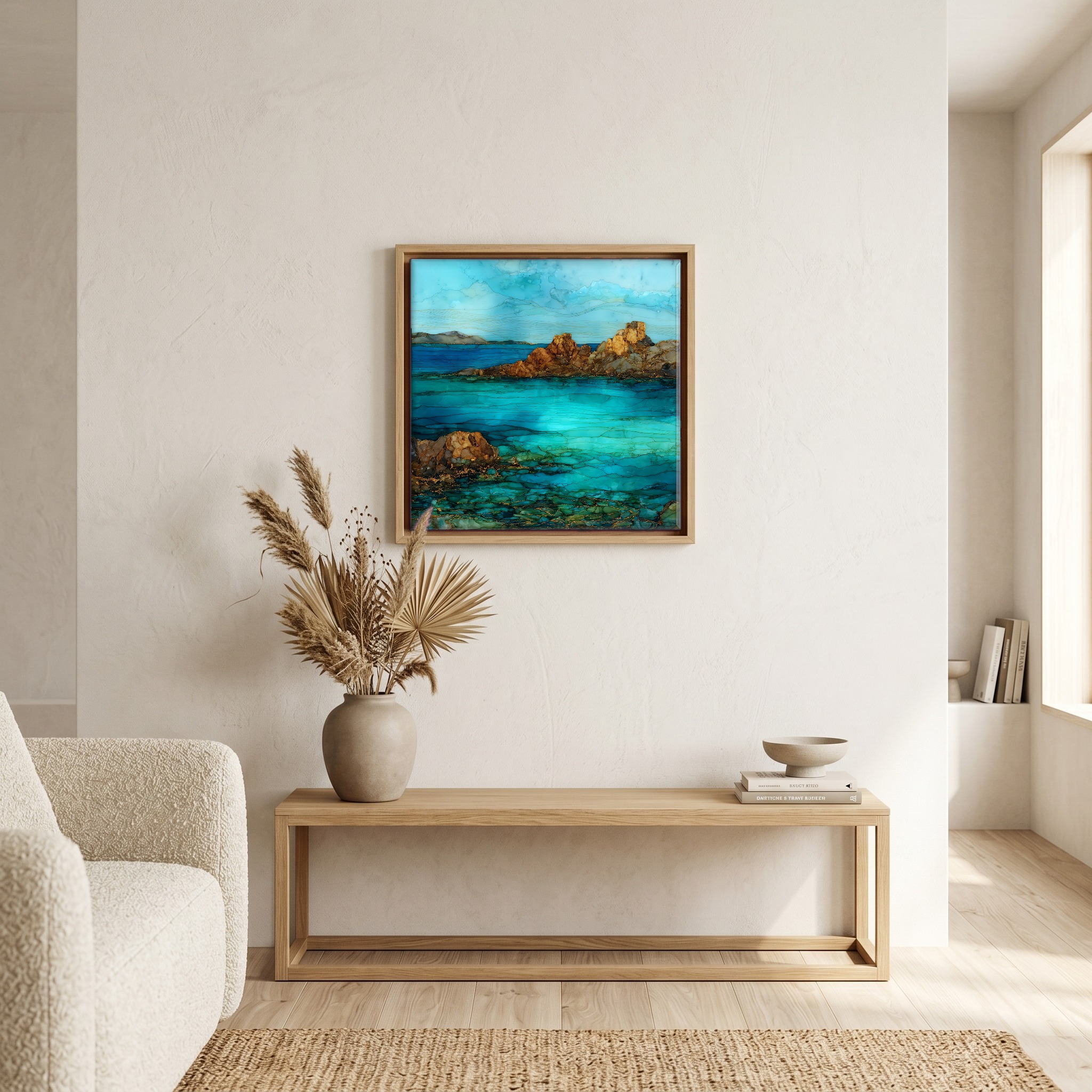 Above the bench, in a warm oak surround.