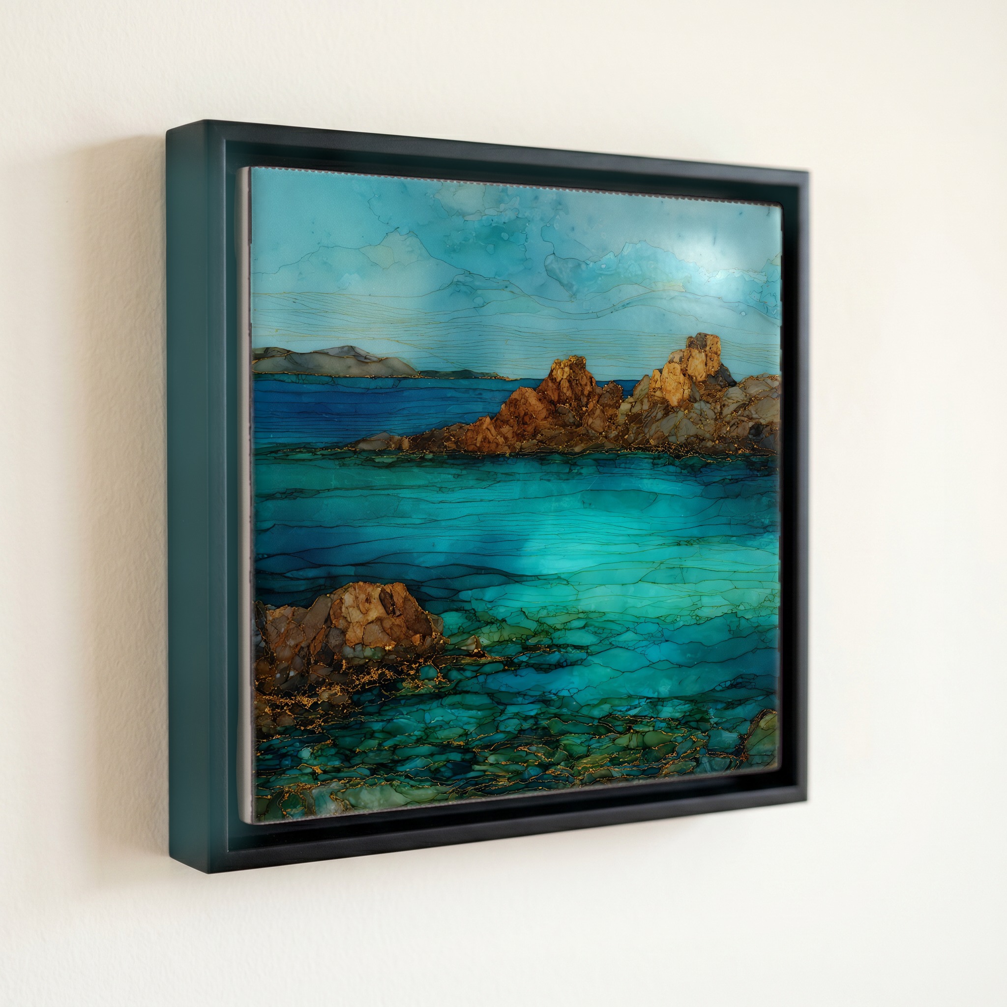 shown in a slim black floating frame · 6 × 6 in