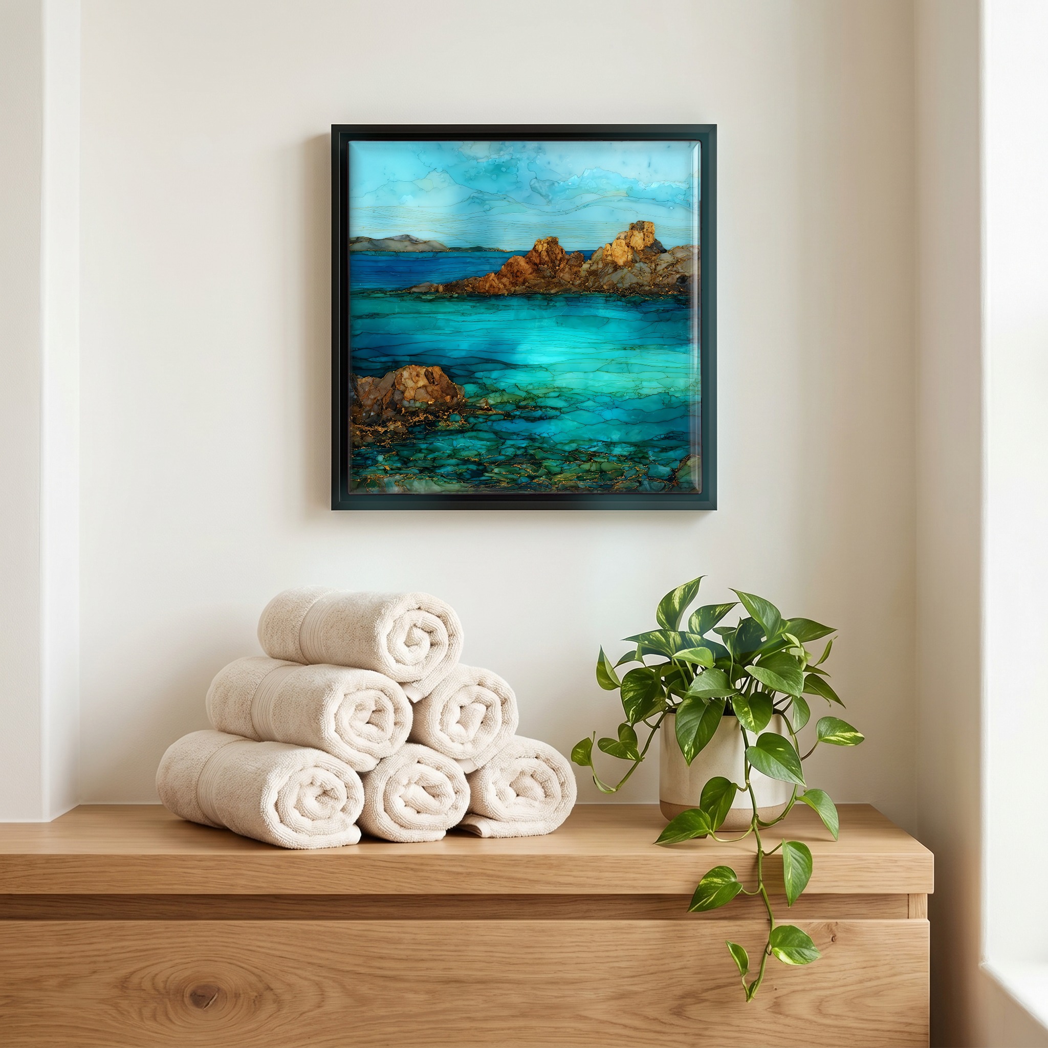 Above the linens, in a slim black surround.