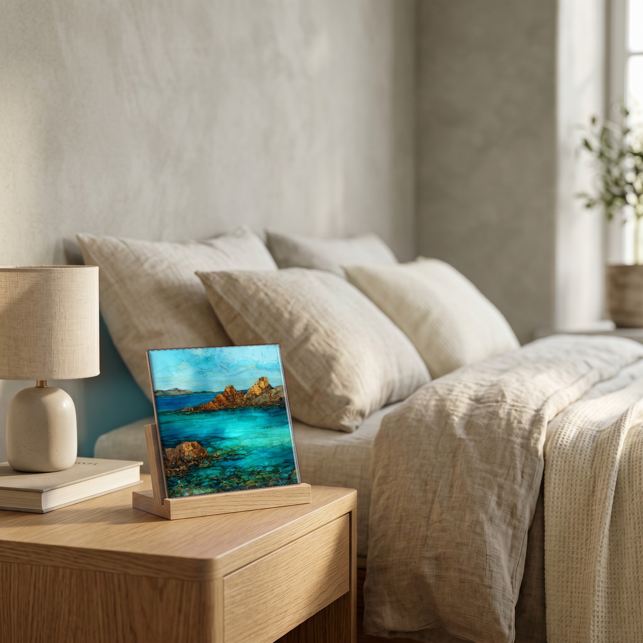 On the nightstand, on a light oak stand.