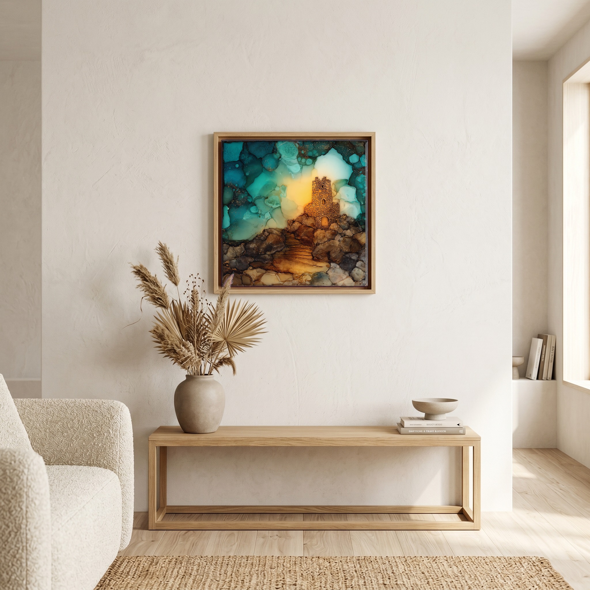 Above the bench, in a warm oak surround.