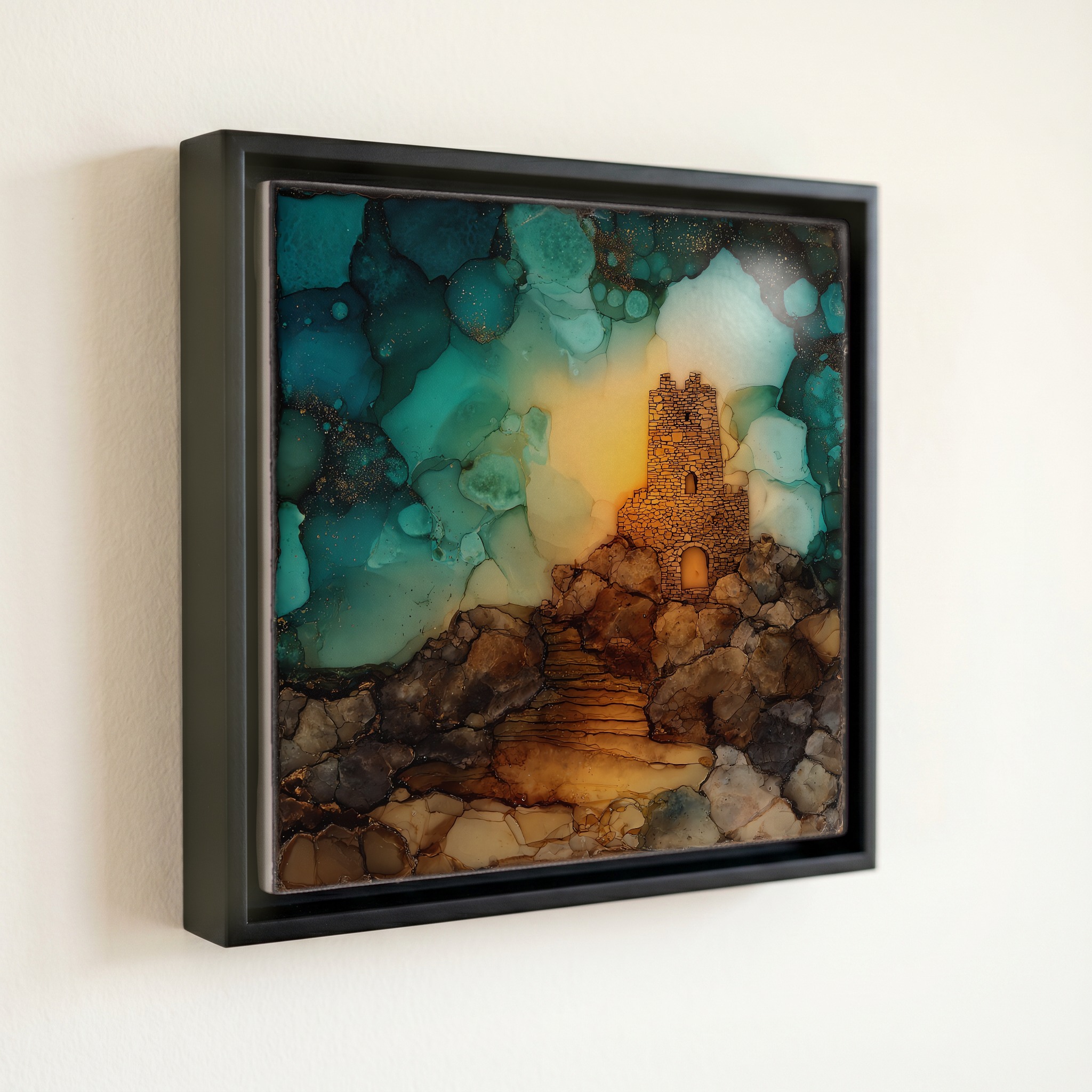 shown in a slim black floating frame · 6 × 6 in