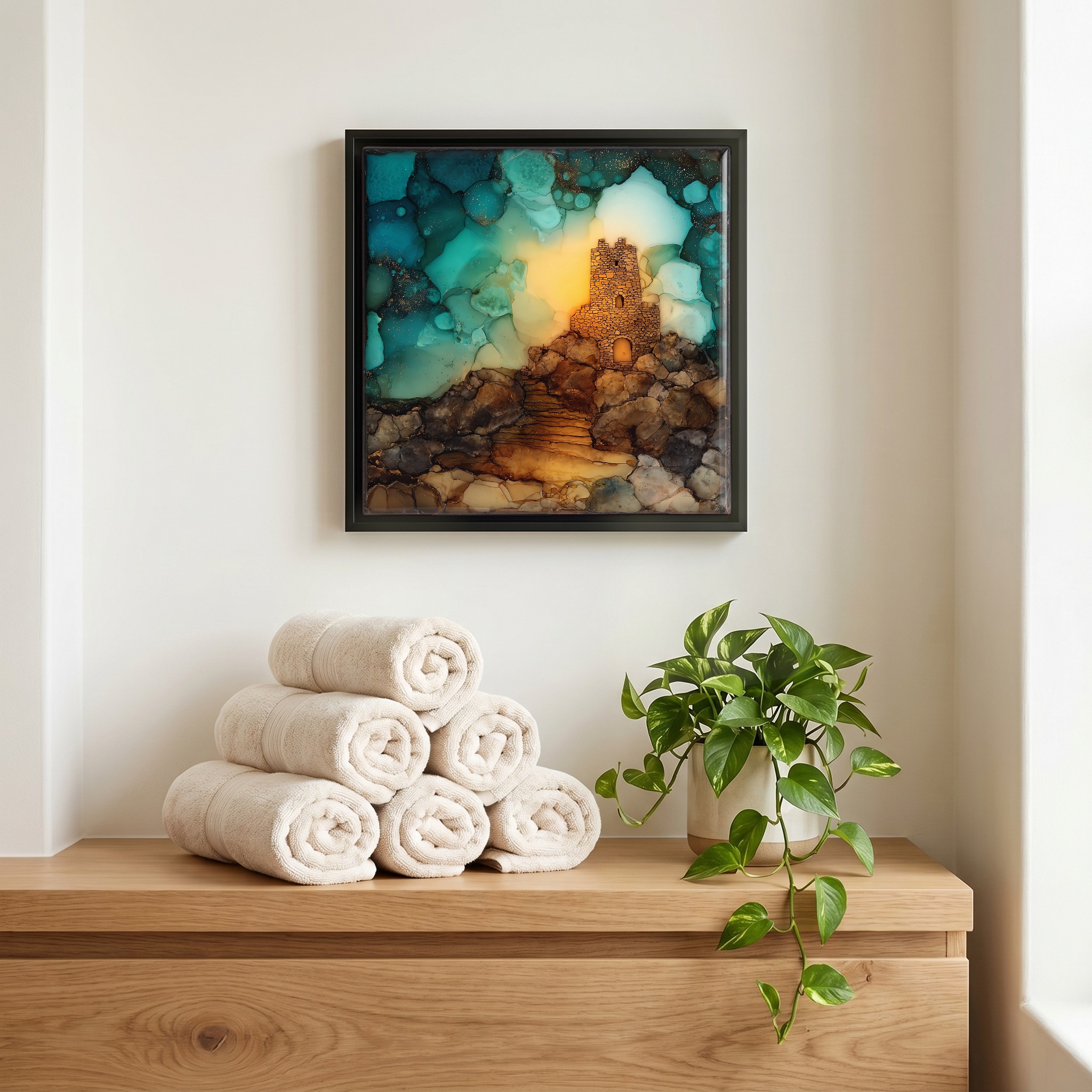 Above the linens, in a slim black surround.