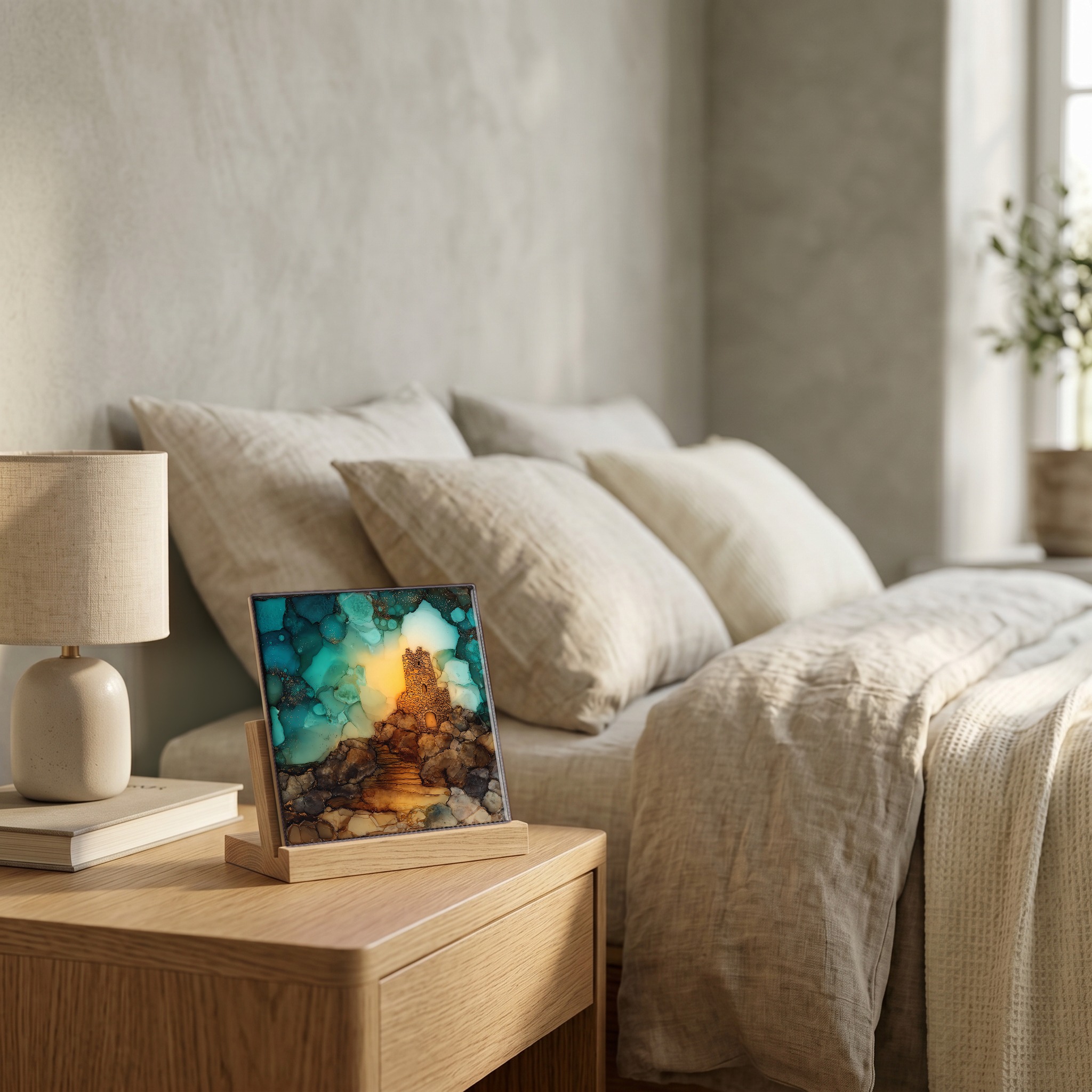 On the nightstand, on a light oak stand.