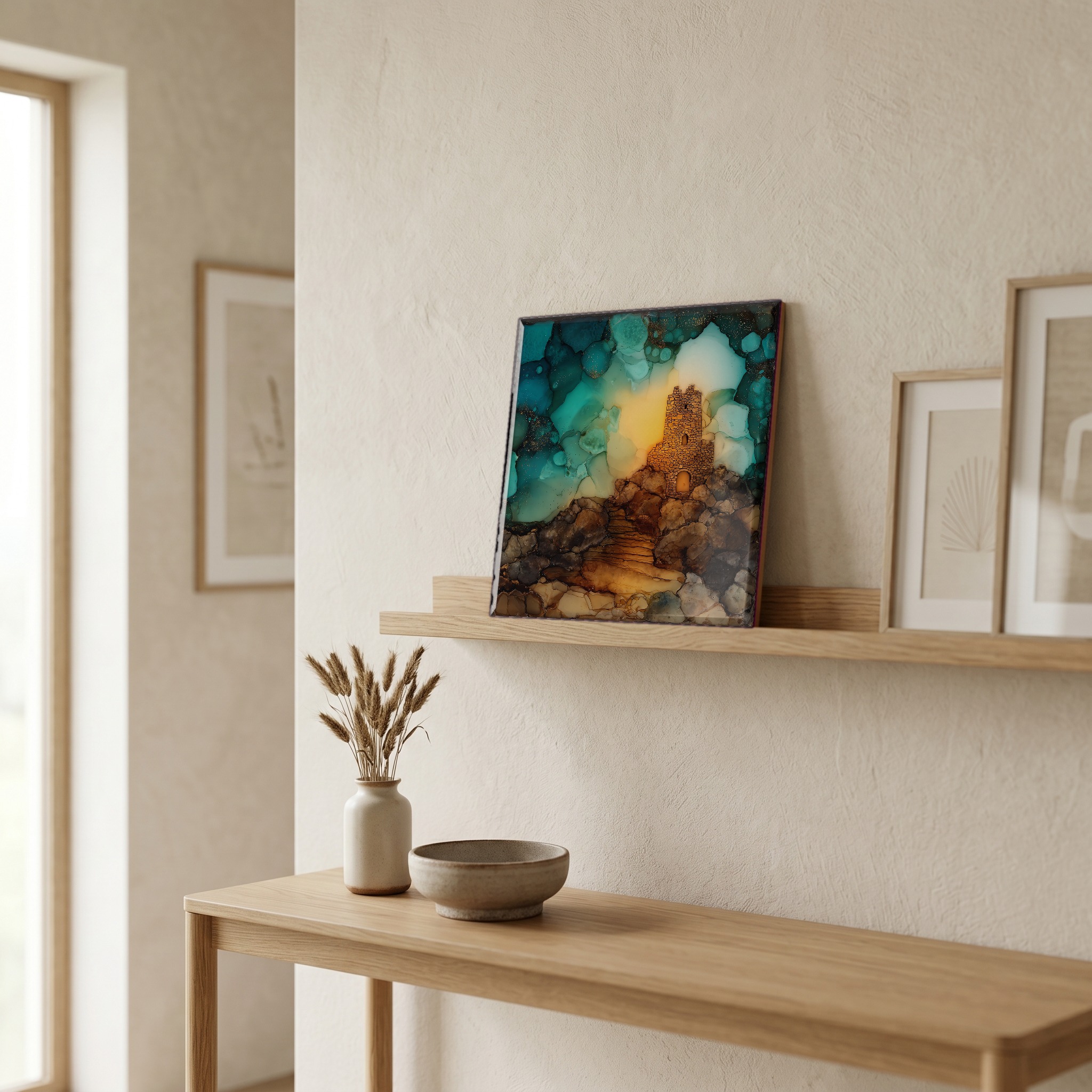 On a picture ledge, where the light comes in.