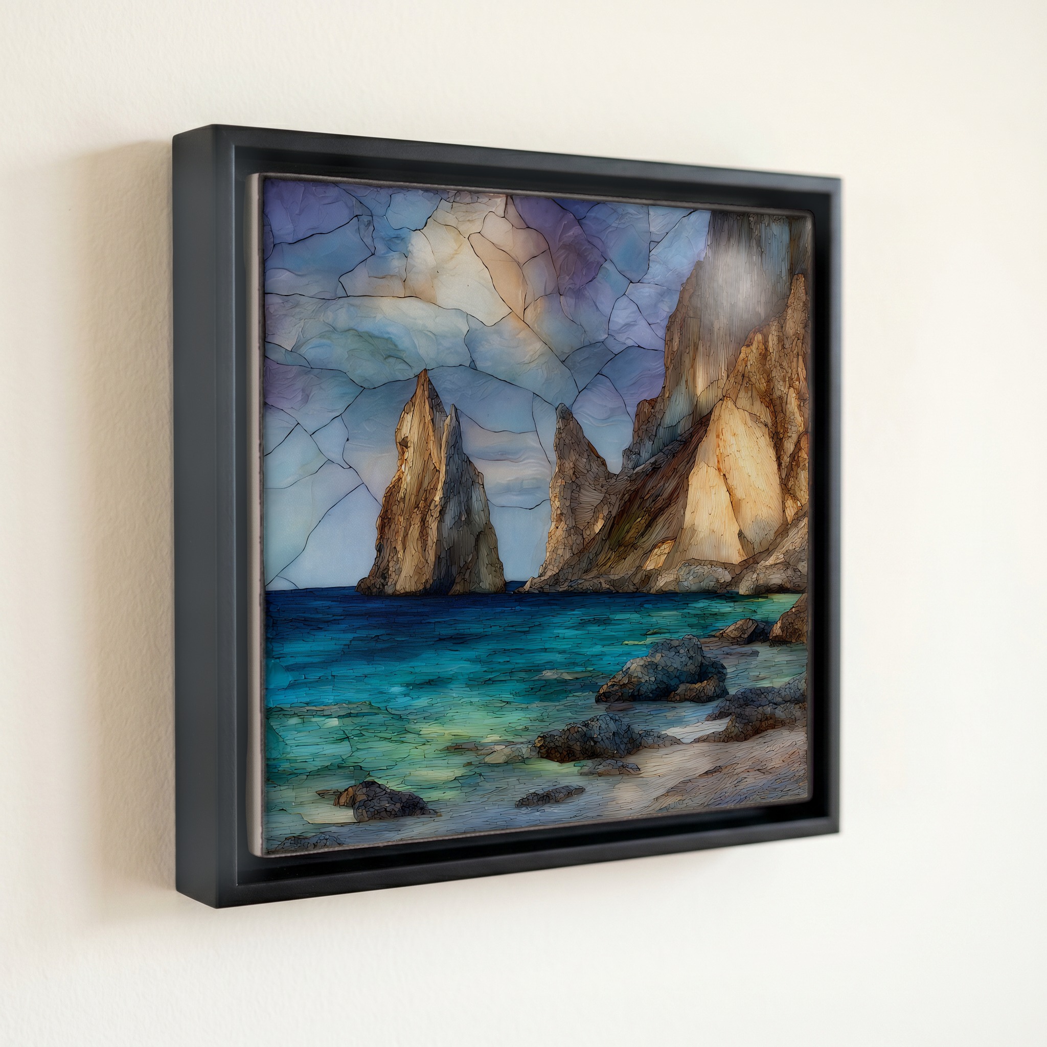 shown in a slim black floating frame · 6 × 6 in