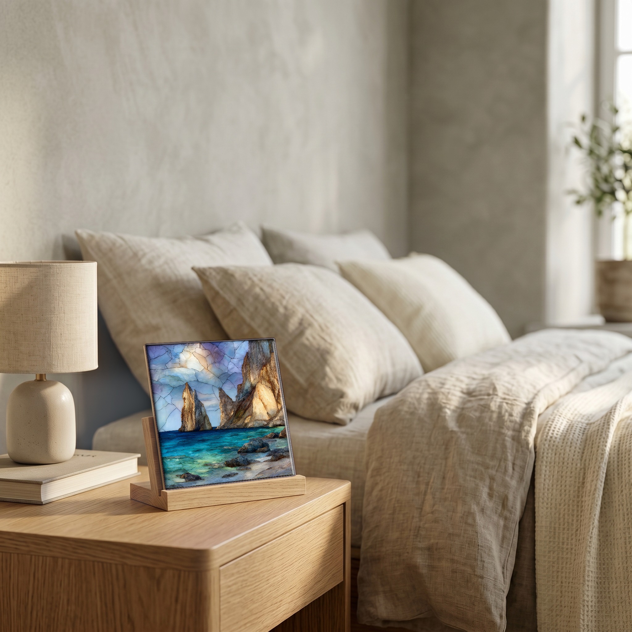 On the nightstand, on a light oak stand.