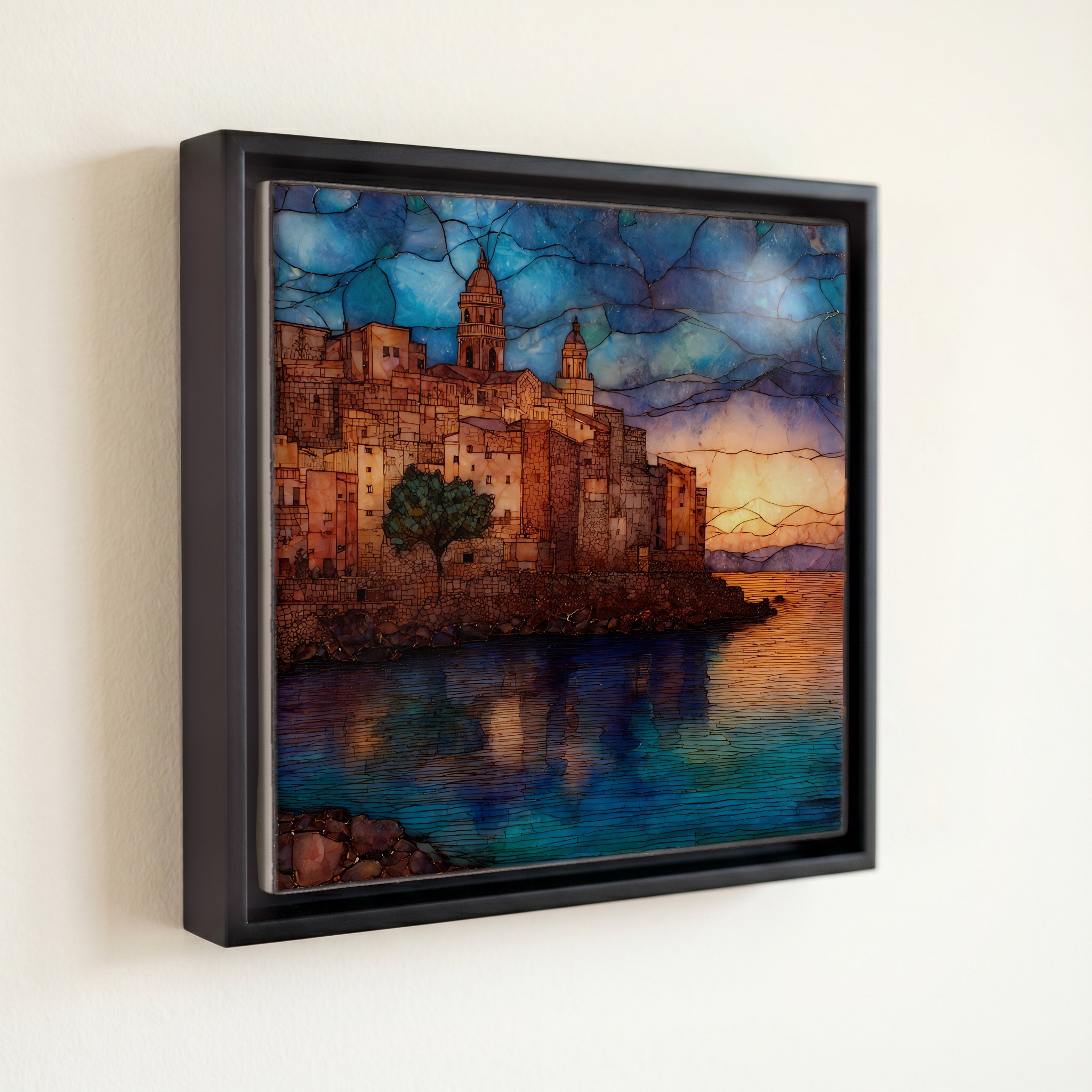 shown in a slim black floating frame · 6 × 6 in