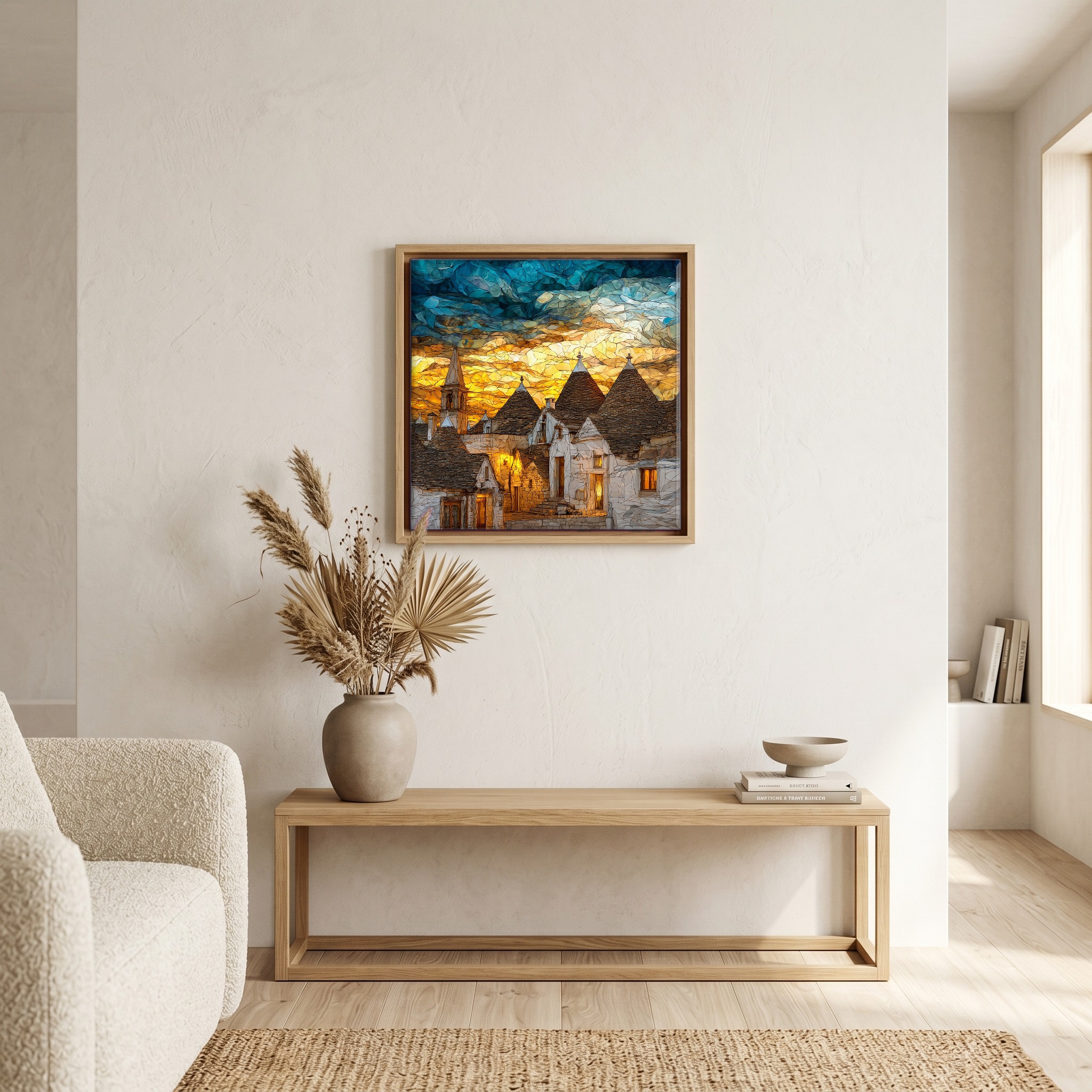 Above the bench, in a warm oak surround.