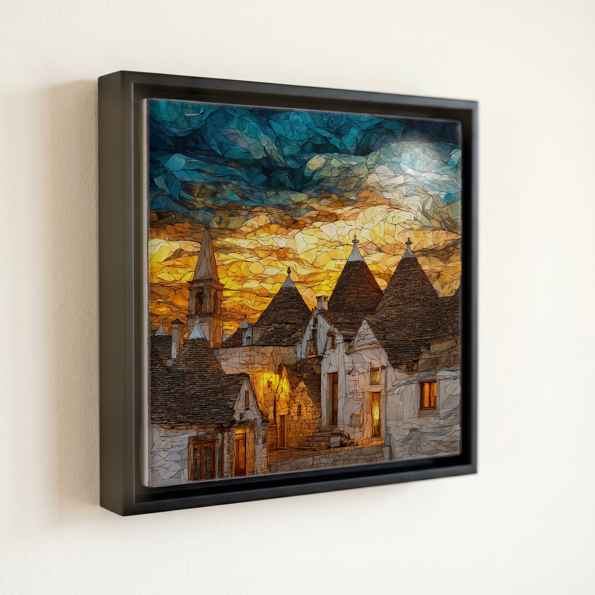 shown in a slim black floating frame · 6 × 6 in