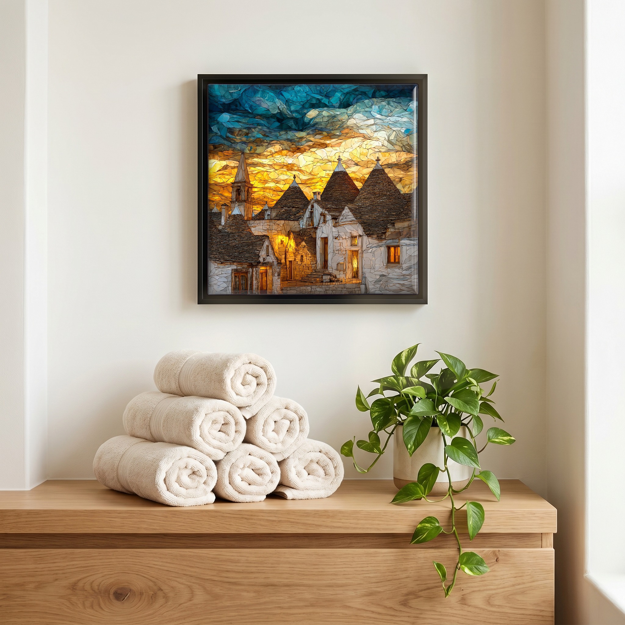 Above the linens, in a slim black surround.