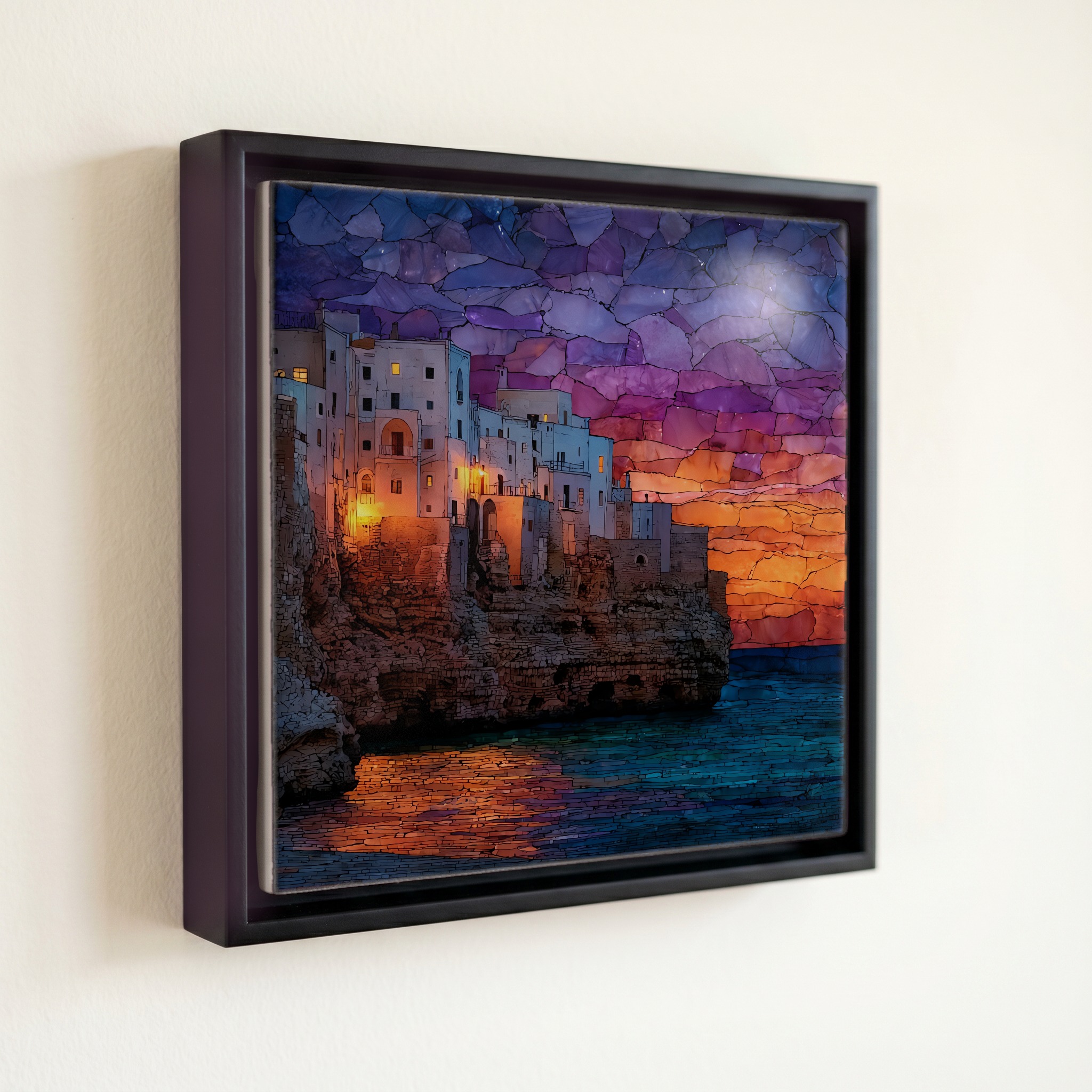 shown in a slim black floating frame · 6 × 6 in