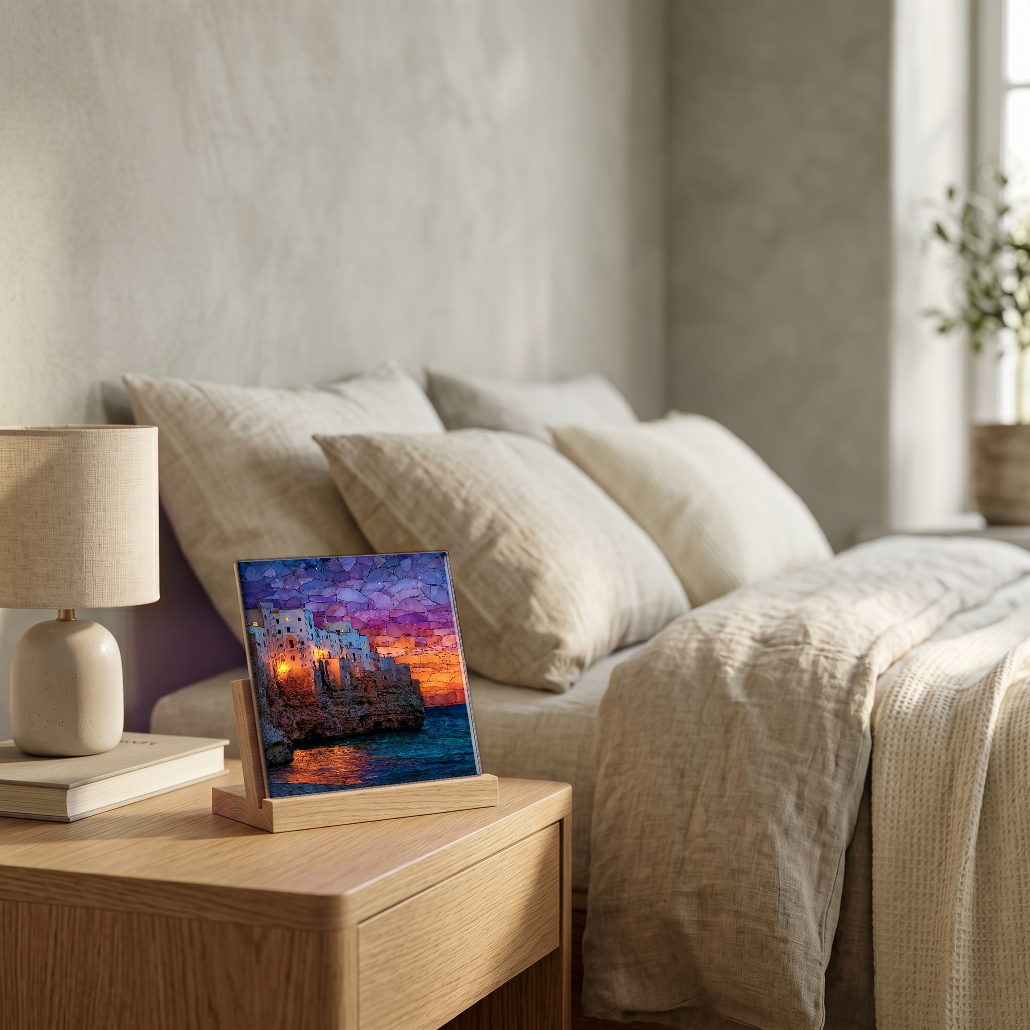 On the nightstand, on a light oak stand.