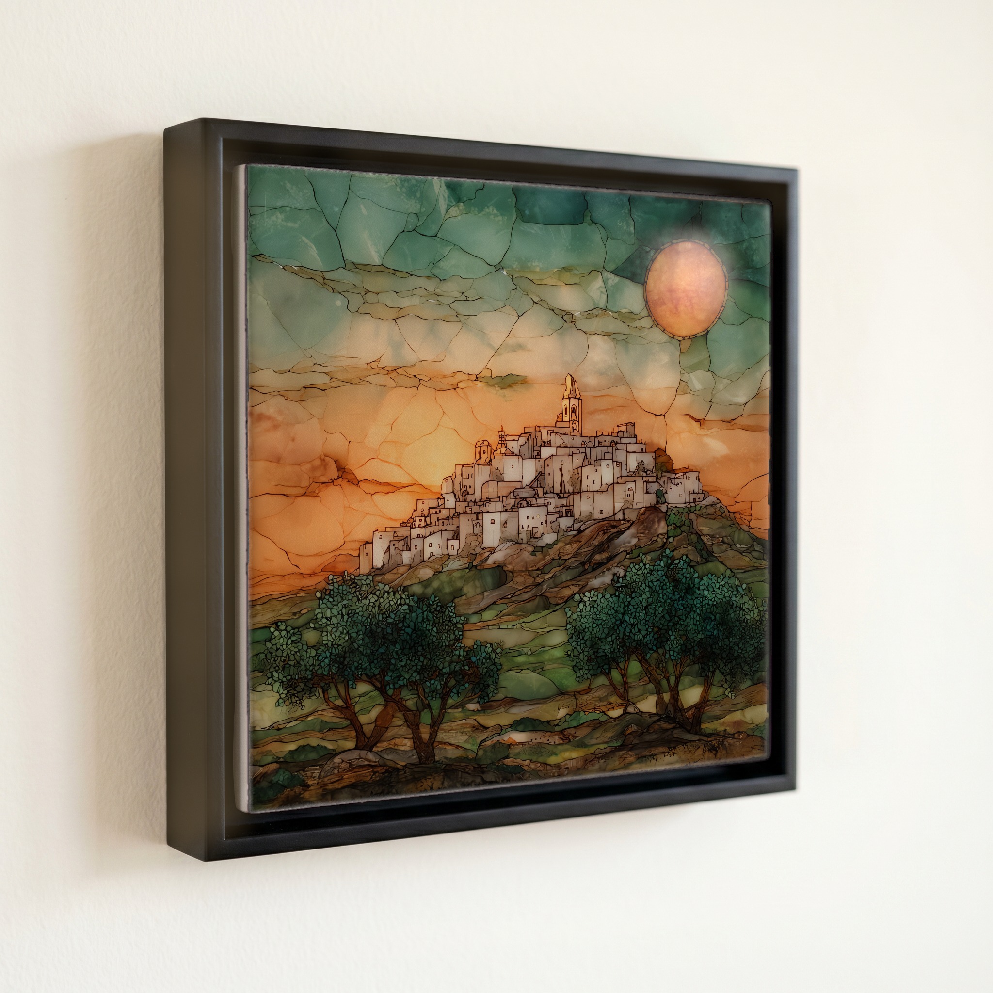 shown in a slim black floating frame · 6 × 6 in