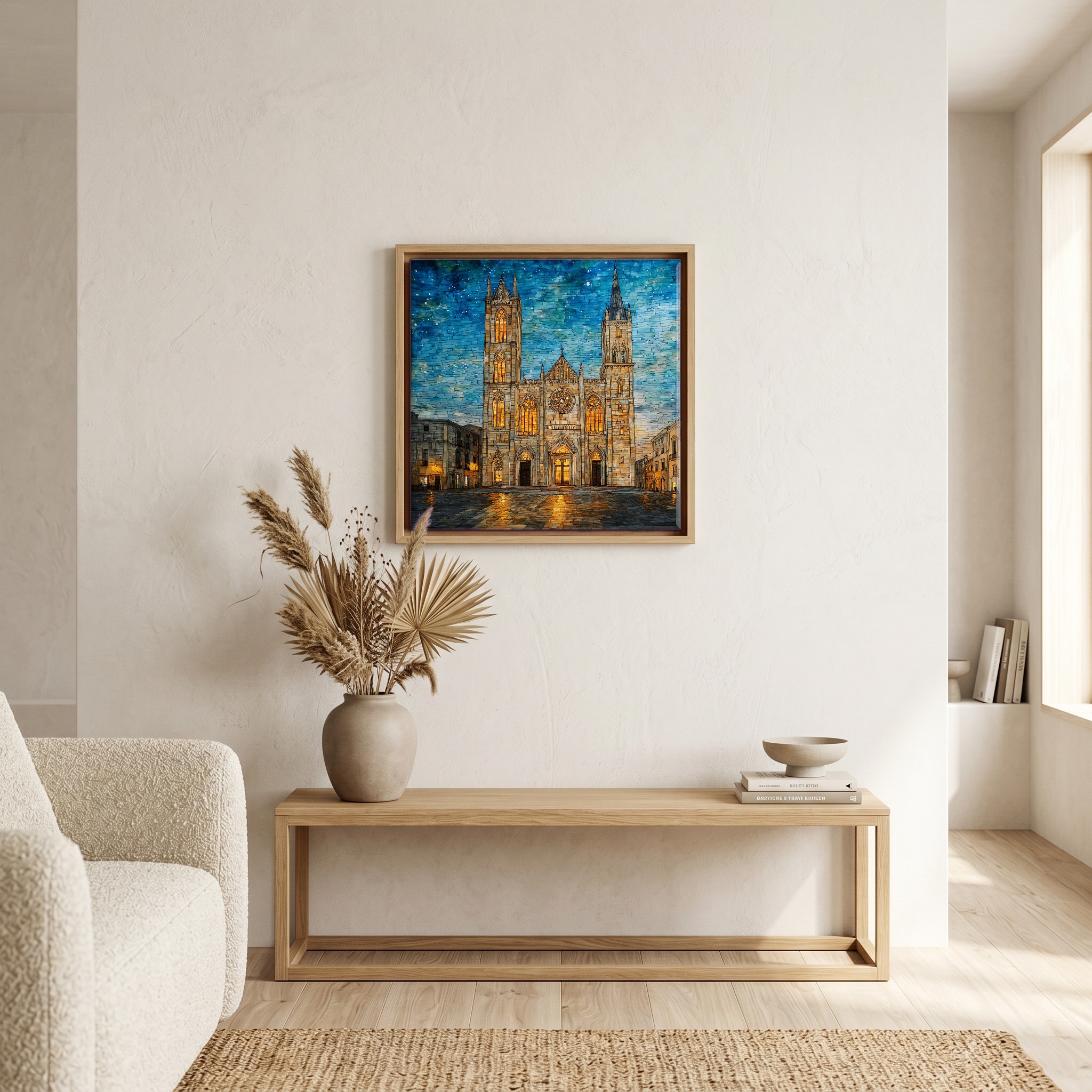 Above the bench, in a warm oak surround.