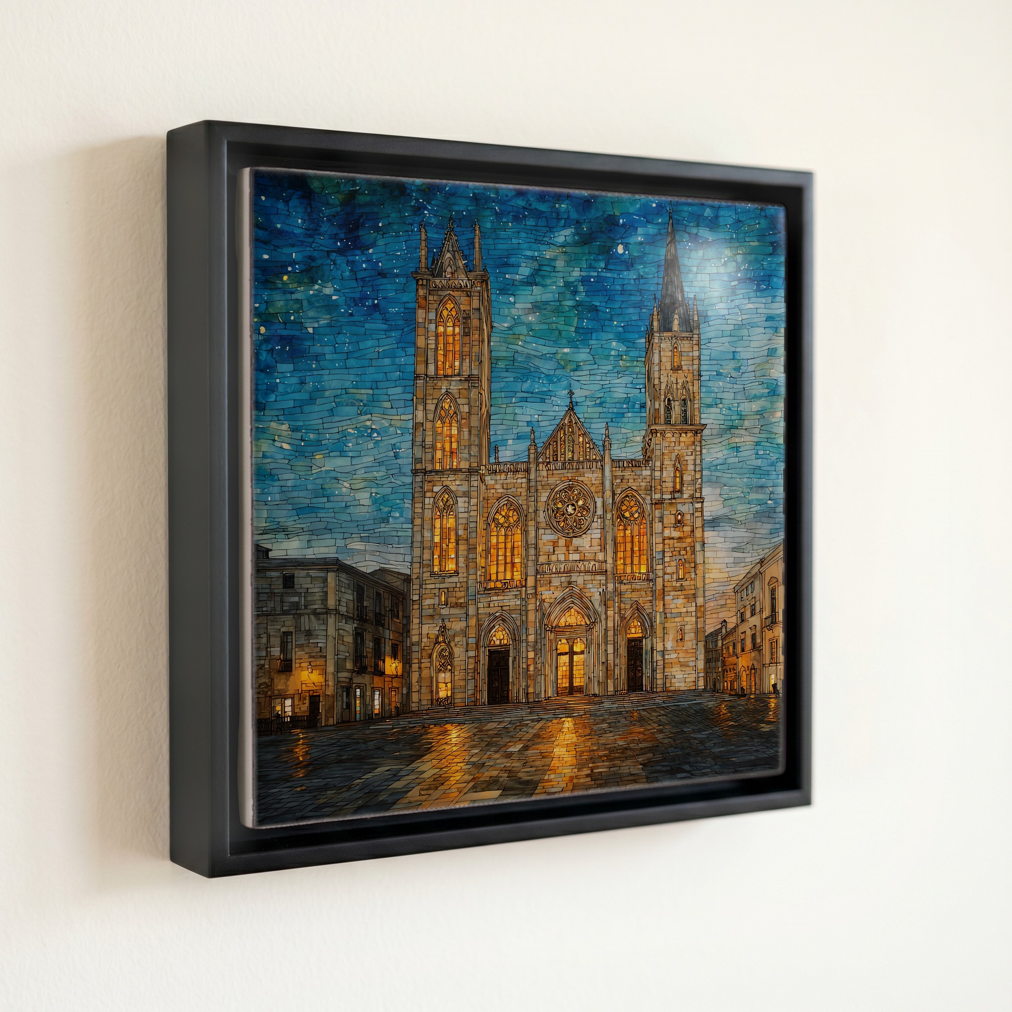shown in a slim black floating frame · 6 × 6 in