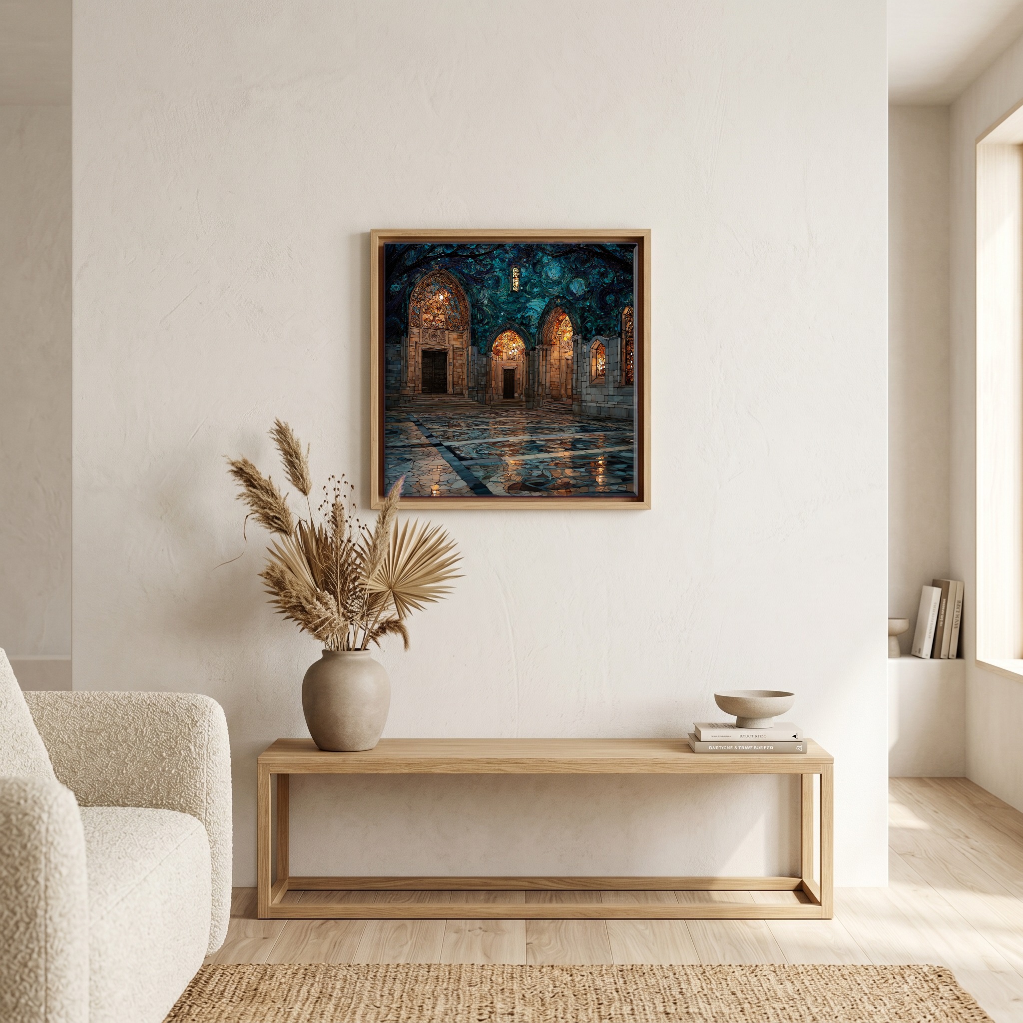 Above the bench, in a warm oak surround.