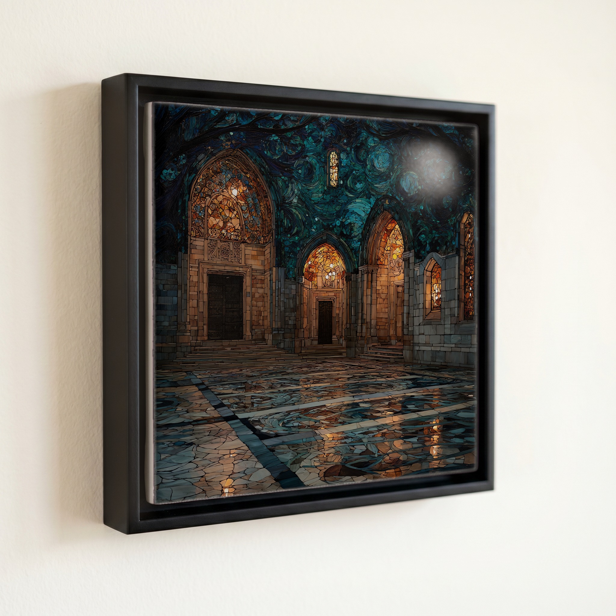 shown in a slim black floating frame · 6 × 6 in