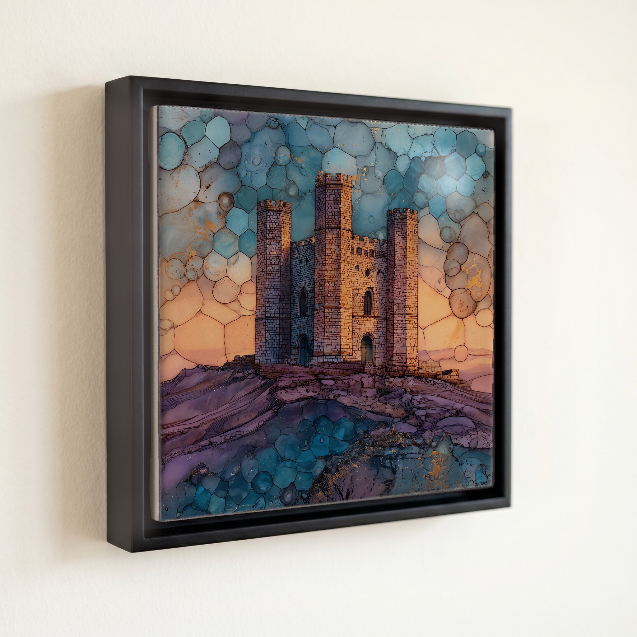 shown in a slim black floating frame · 6 × 6 in