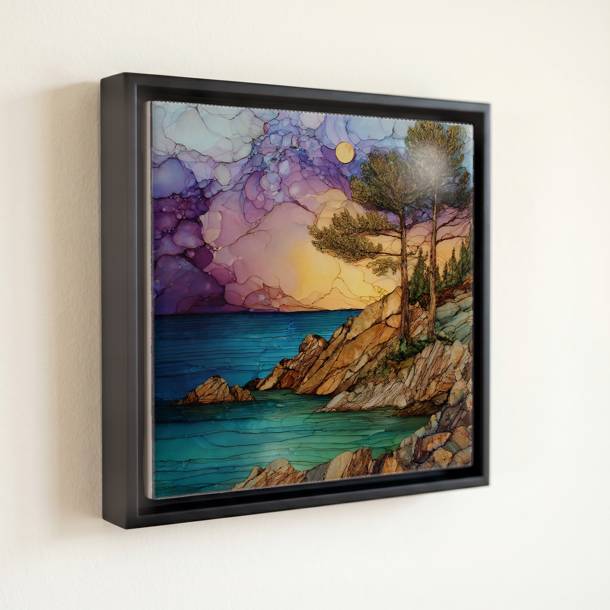 shown in a slim black floating frame · 6 × 6 in