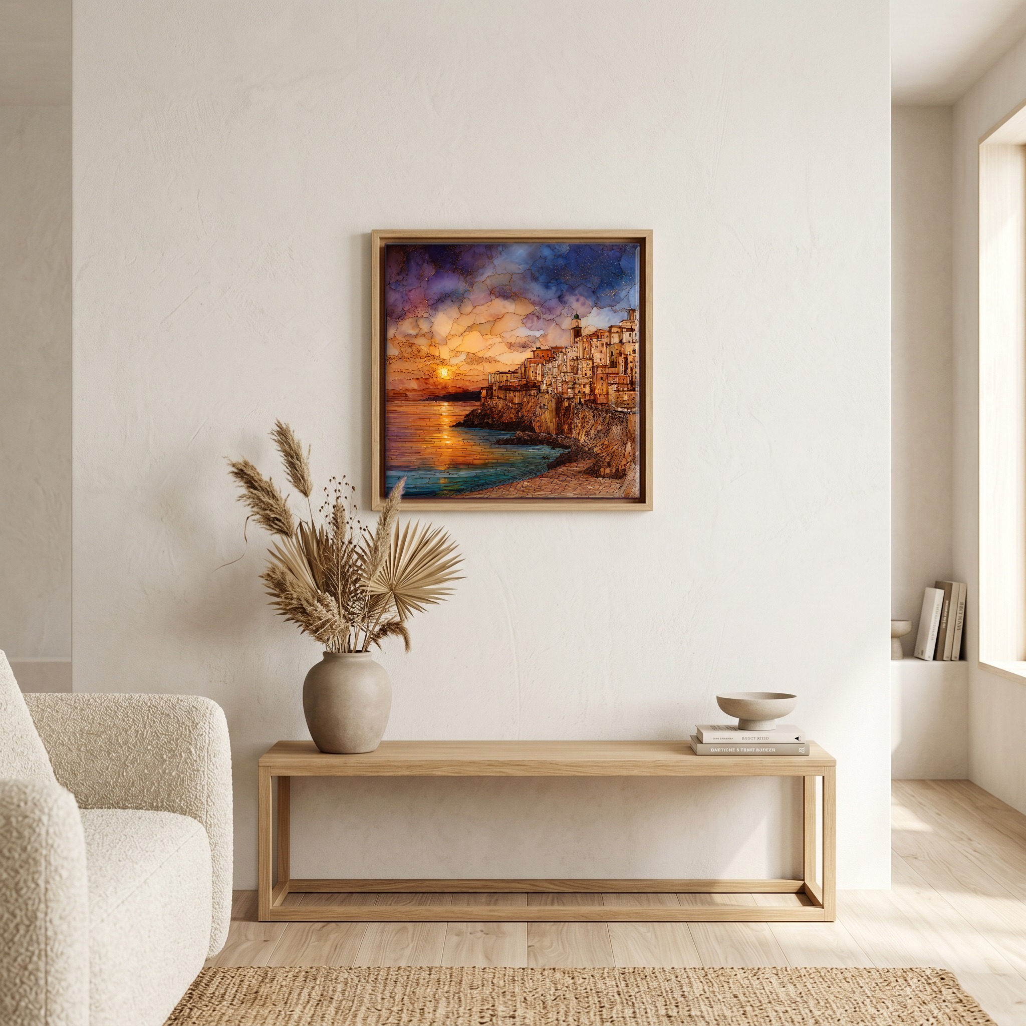 Above the bench, in a warm oak surround.