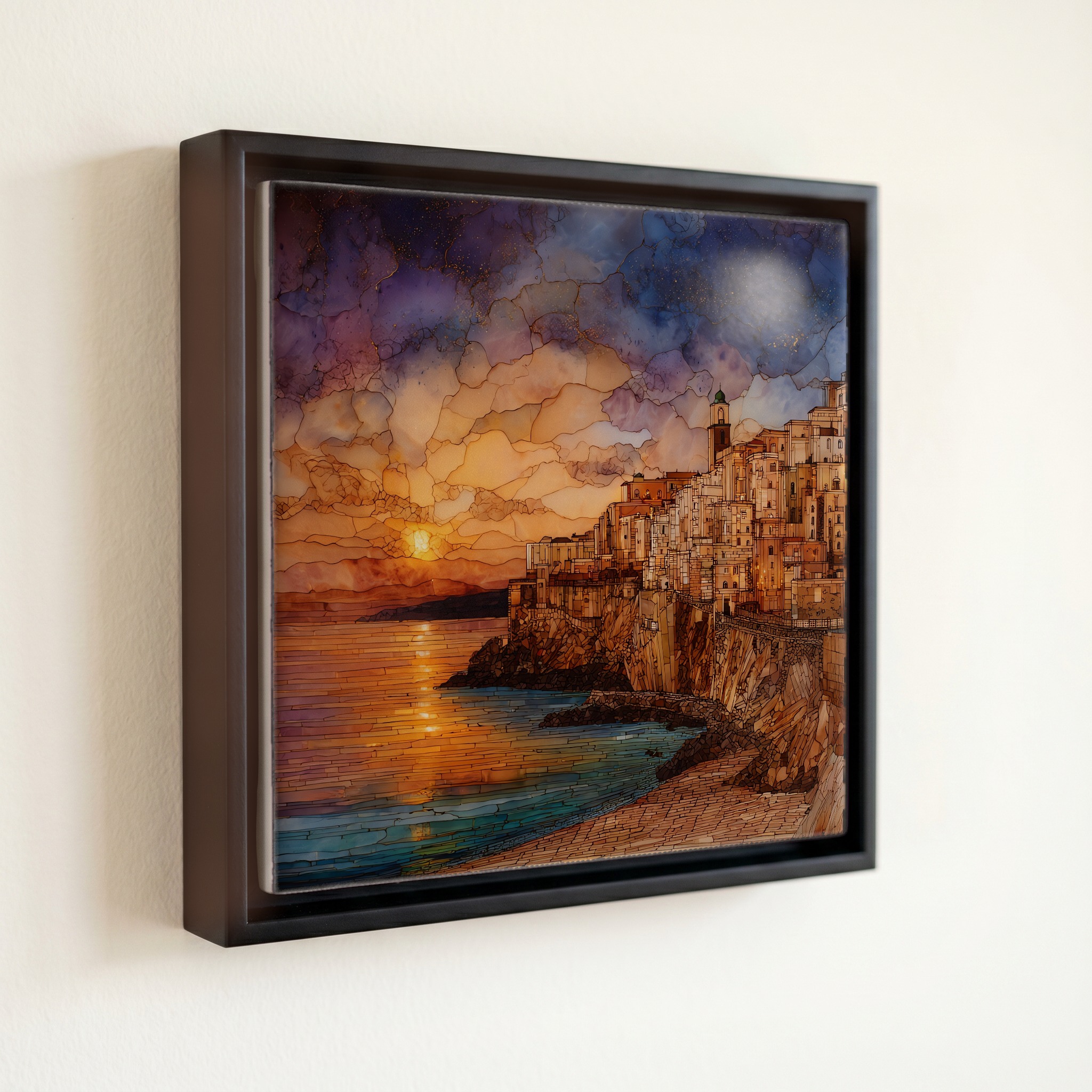 shown in a slim black floating frame · 6 × 6 in