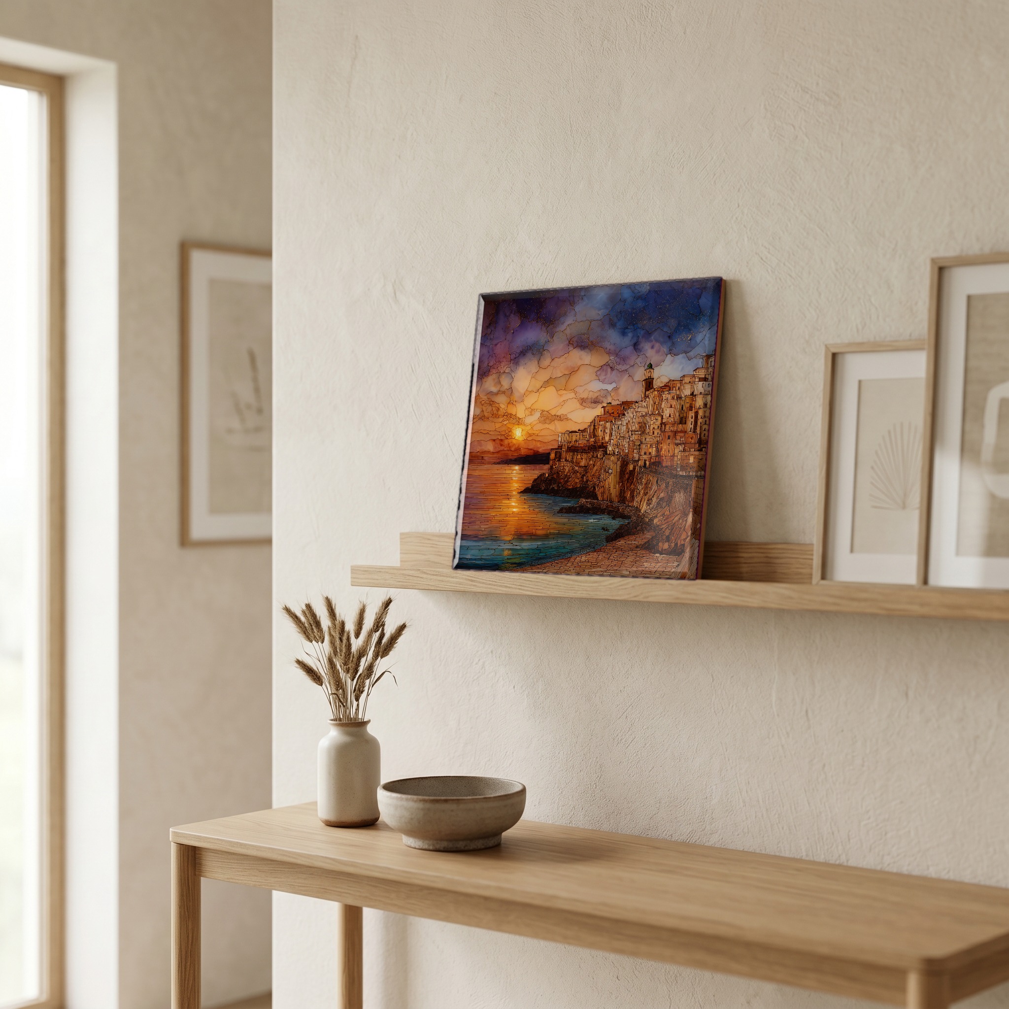 On a picture ledge, where the light comes in.