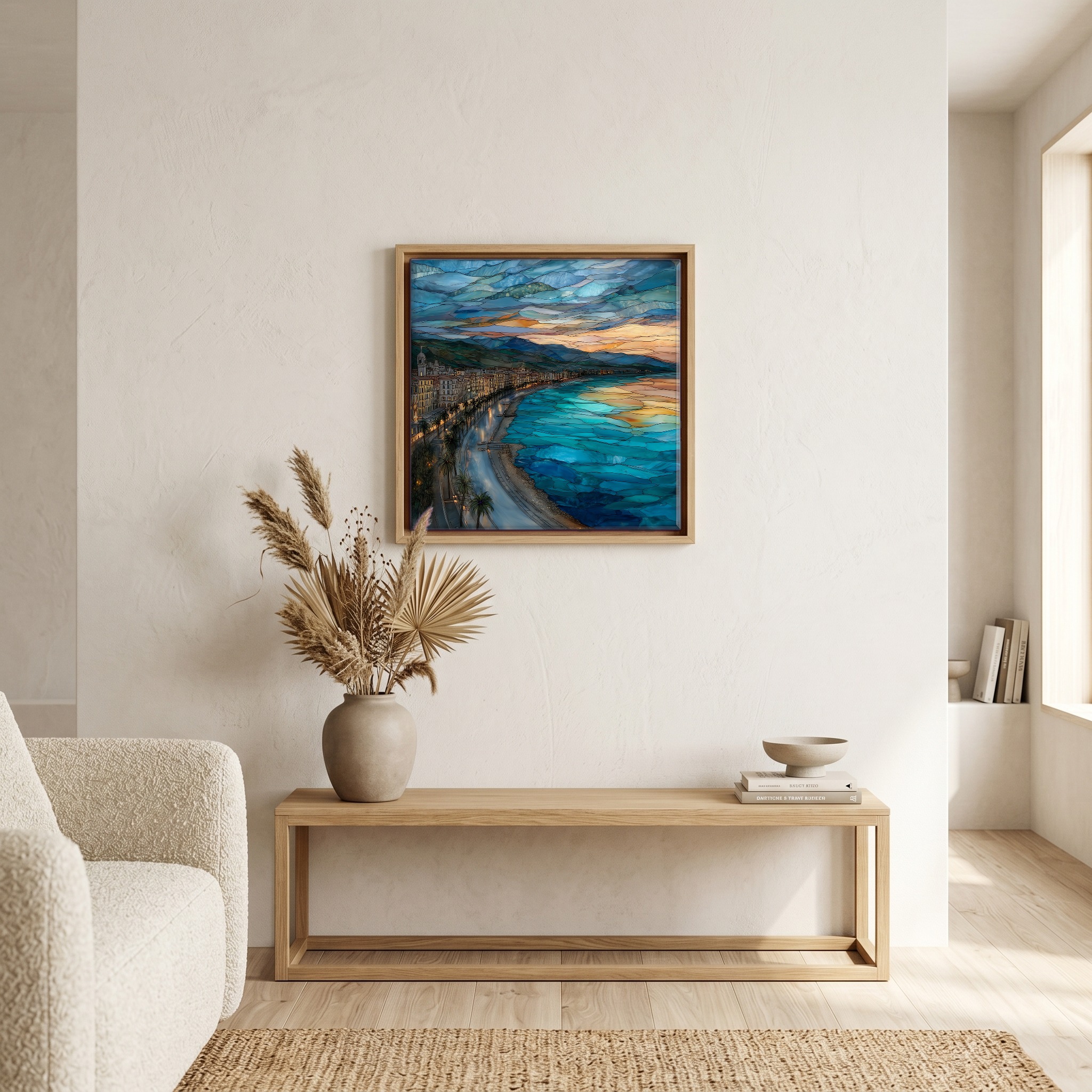 Above the bench, in a warm oak surround.