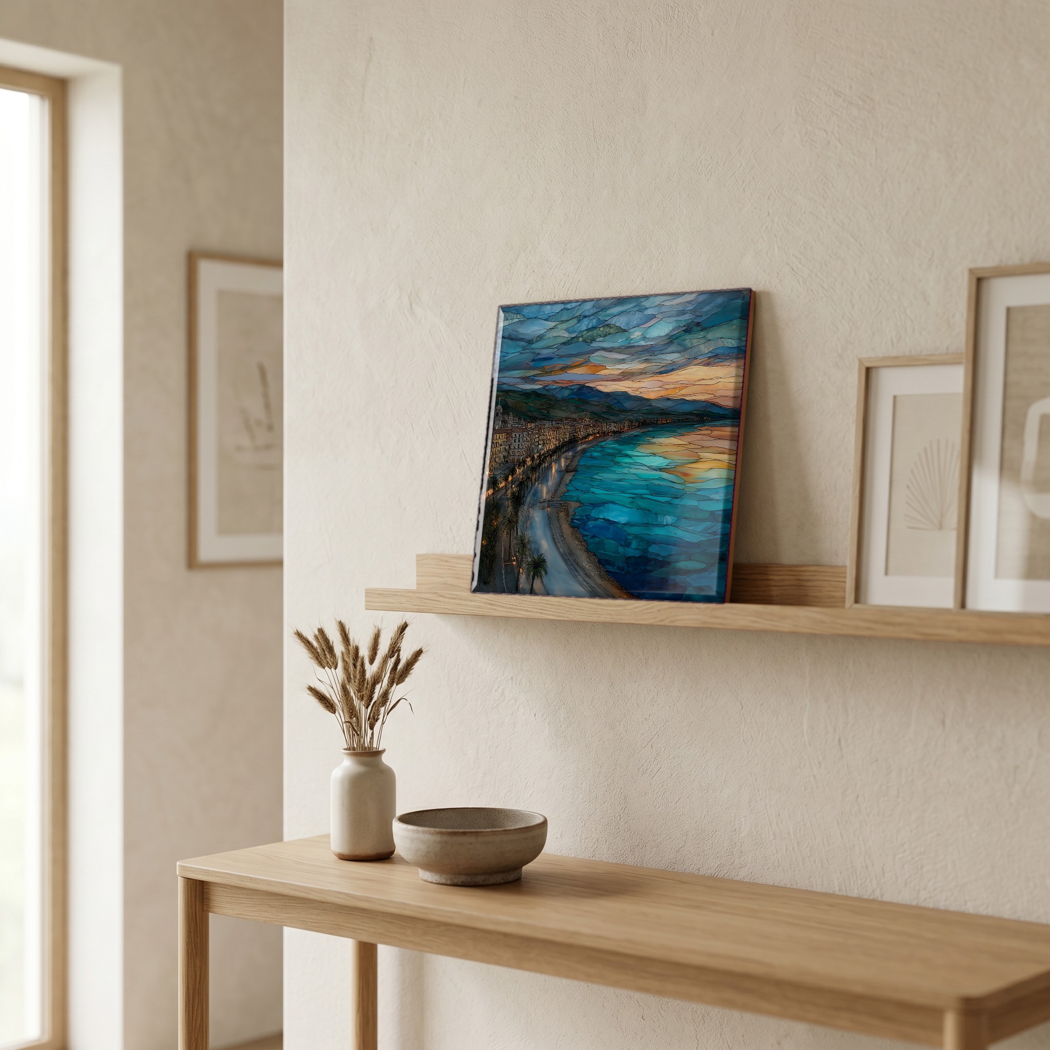 On a picture ledge, where the light comes in.