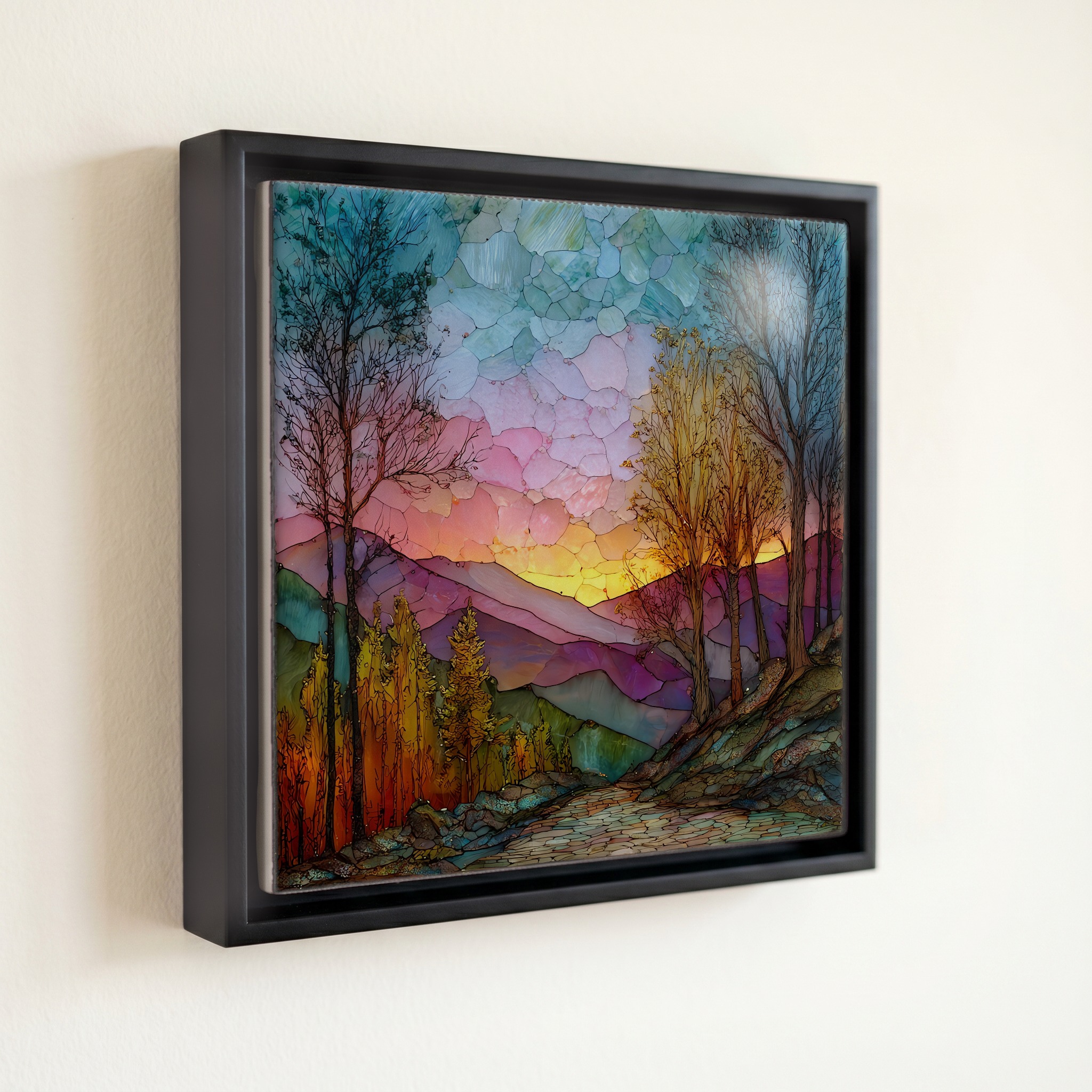shown in a slim black floating frame · 6 × 6 in