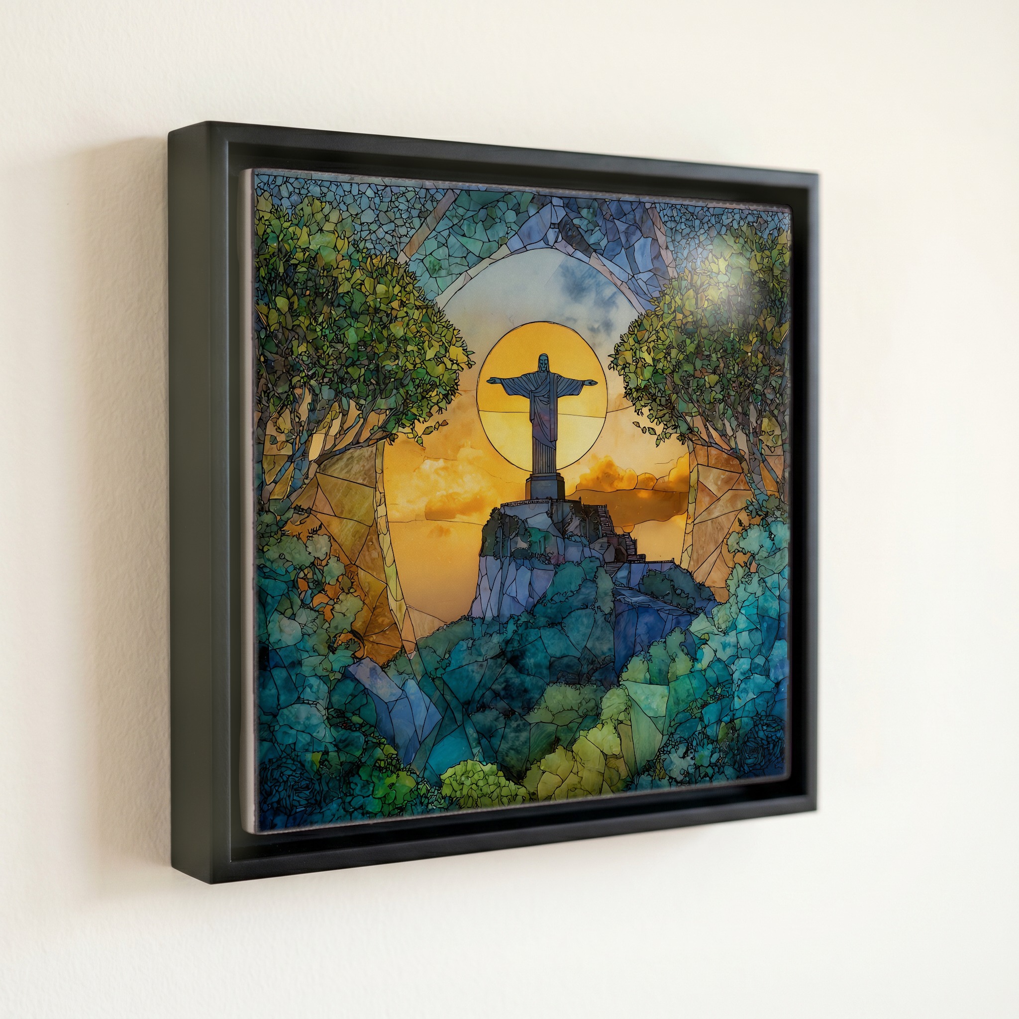 shown in a slim black floating frame · 6 × 6 in