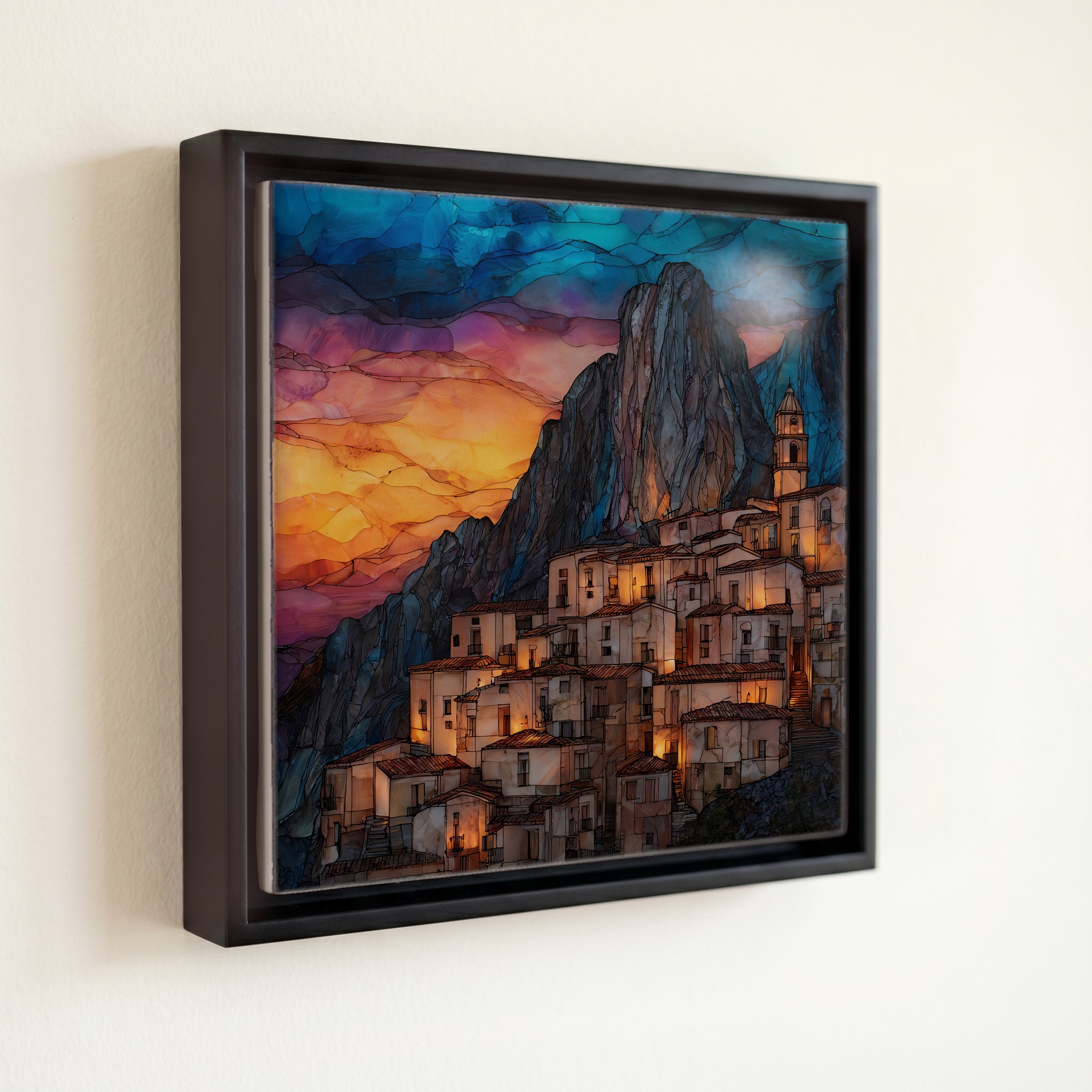 shown in a slim black floating frame · 6 × 6 in