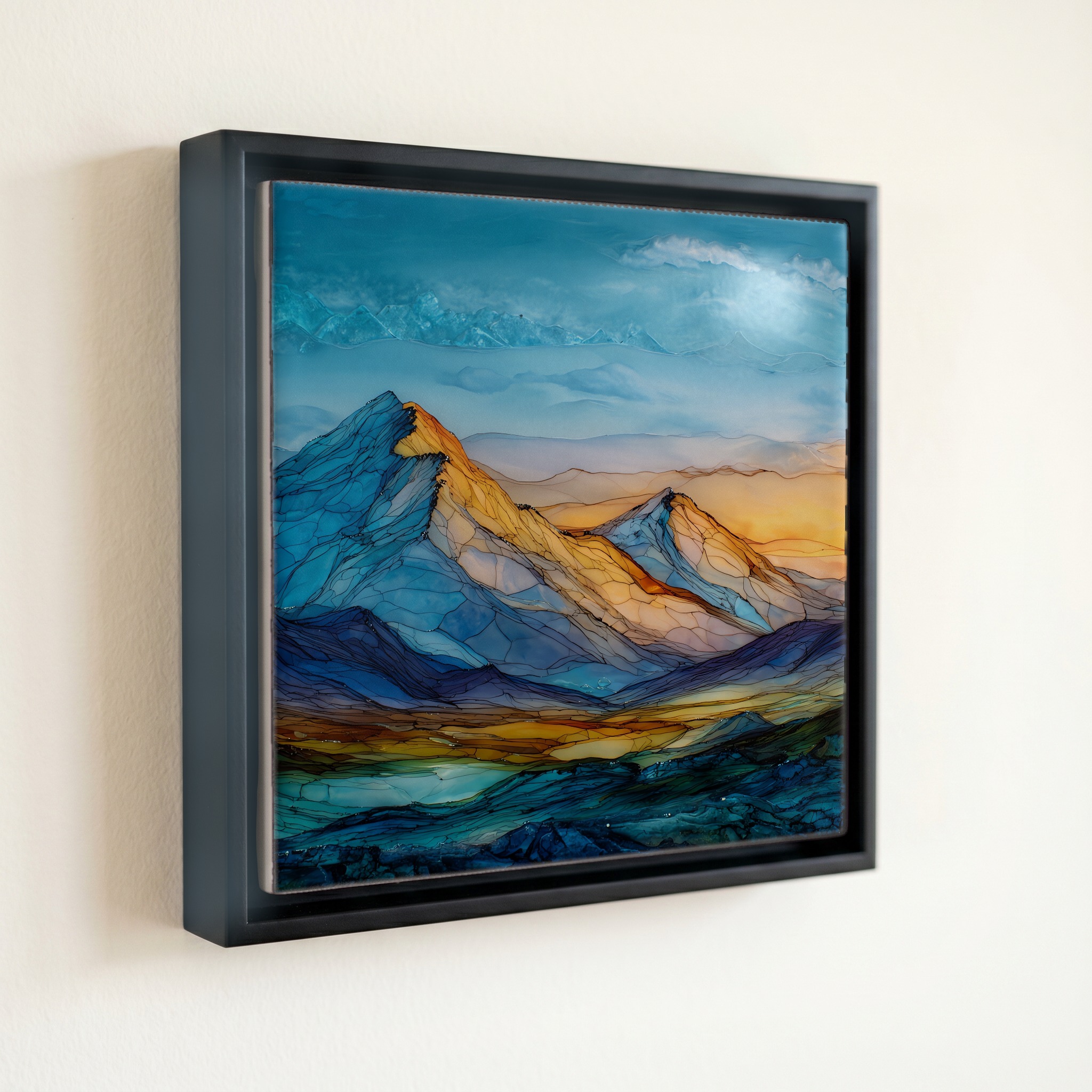 shown in a slim black floating frame · 6 × 6 in