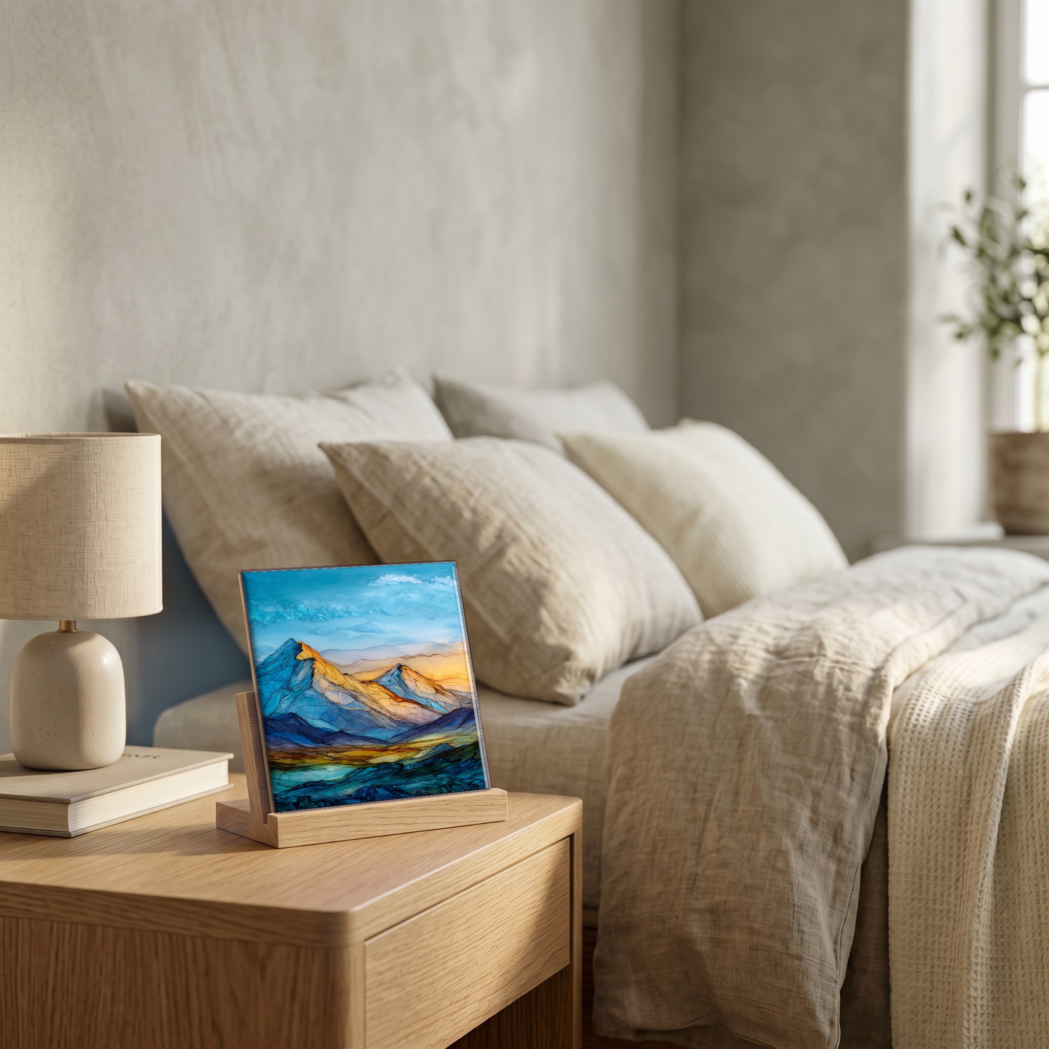 On the nightstand, on a light oak stand.