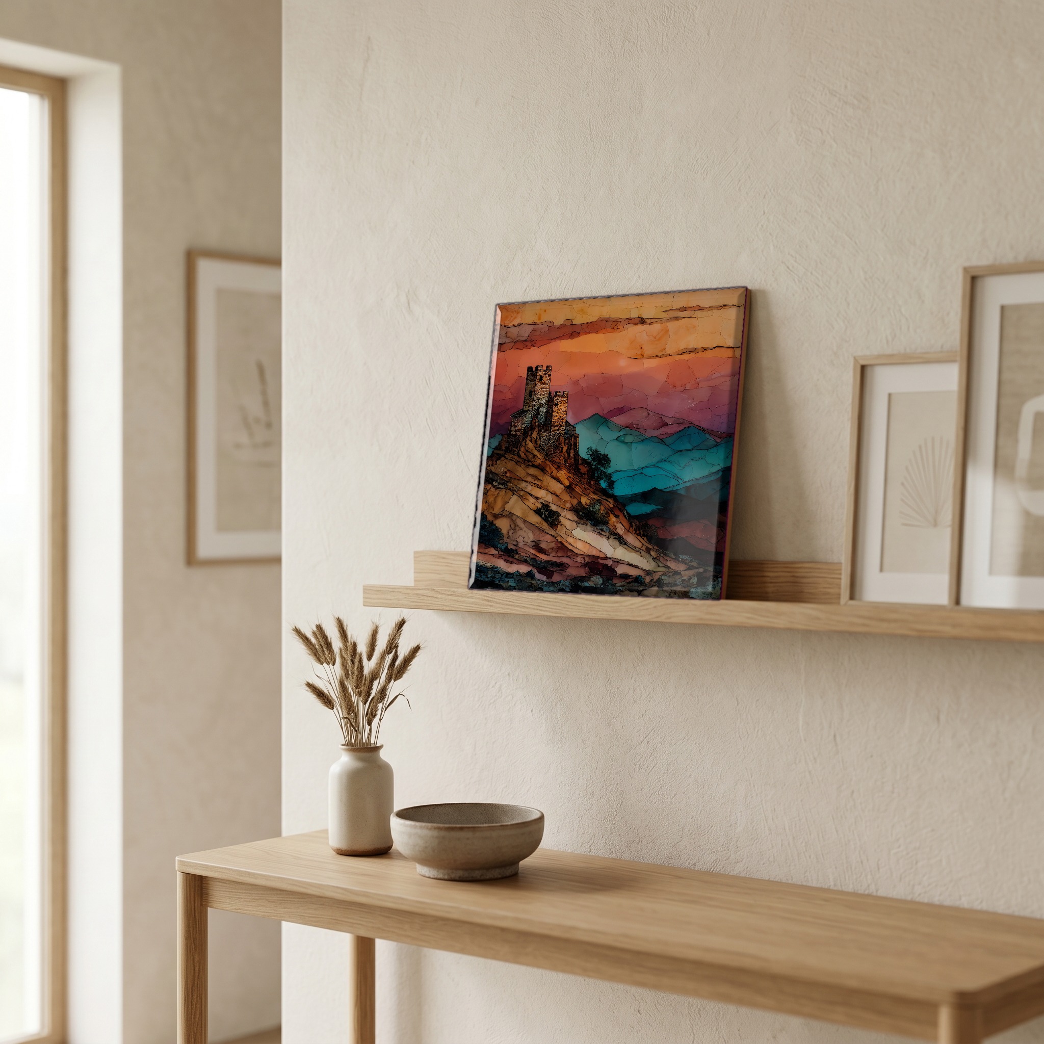 On a picture ledge, where the light comes in.