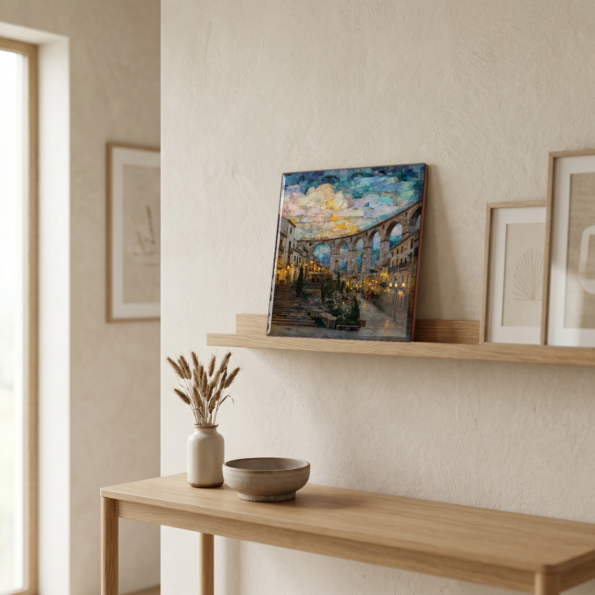 On a picture ledge, where the light comes in.