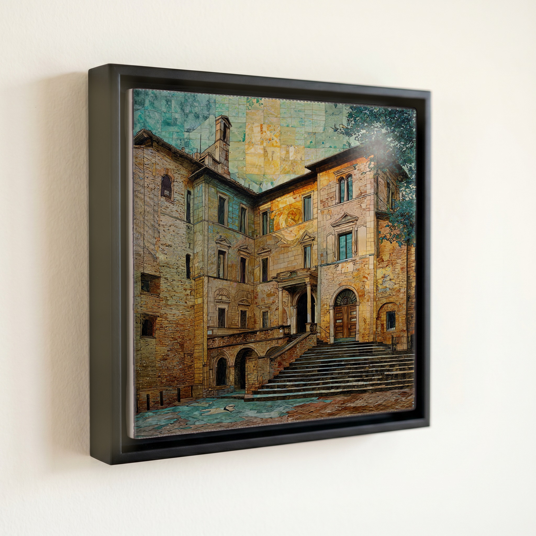 shown in a slim black floating frame · 6 × 6 in