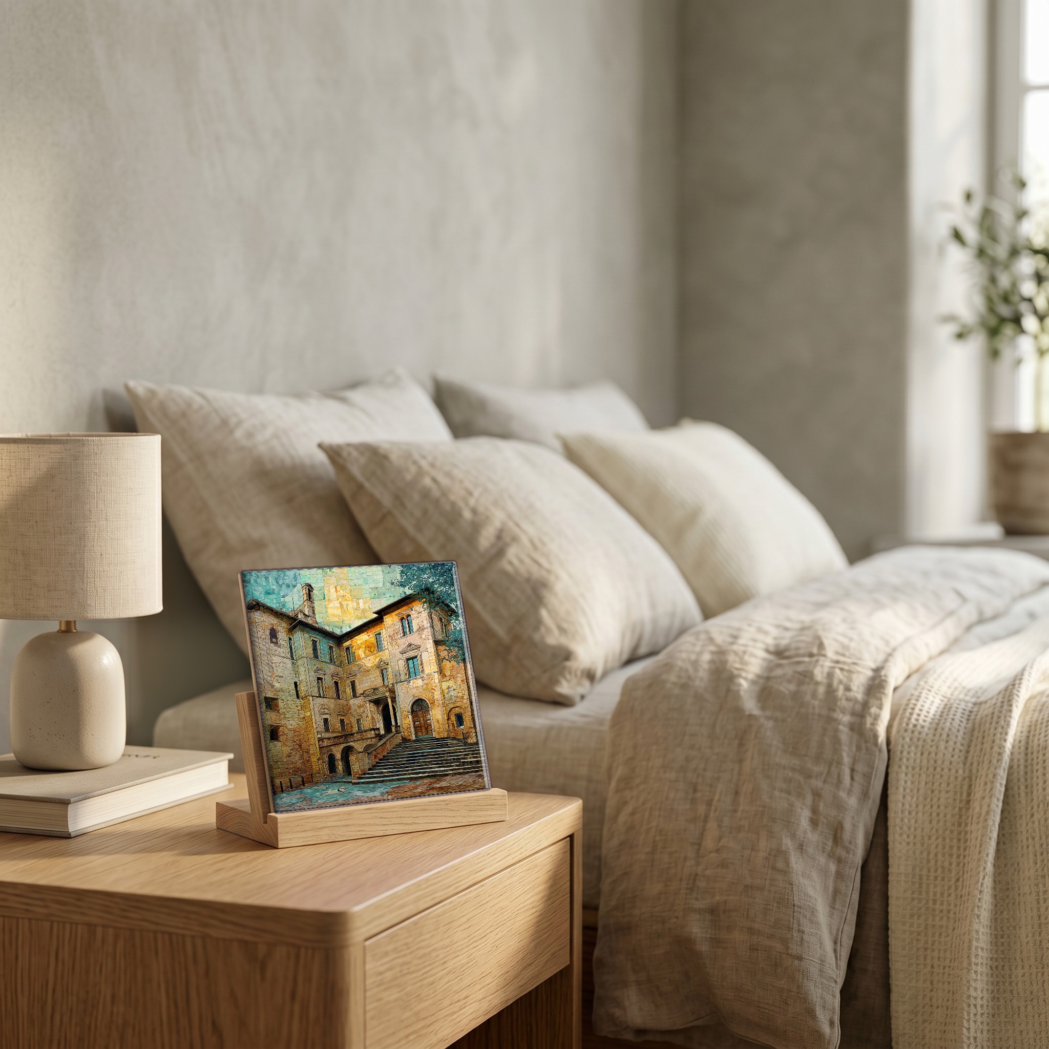 On the nightstand, on a light oak stand.