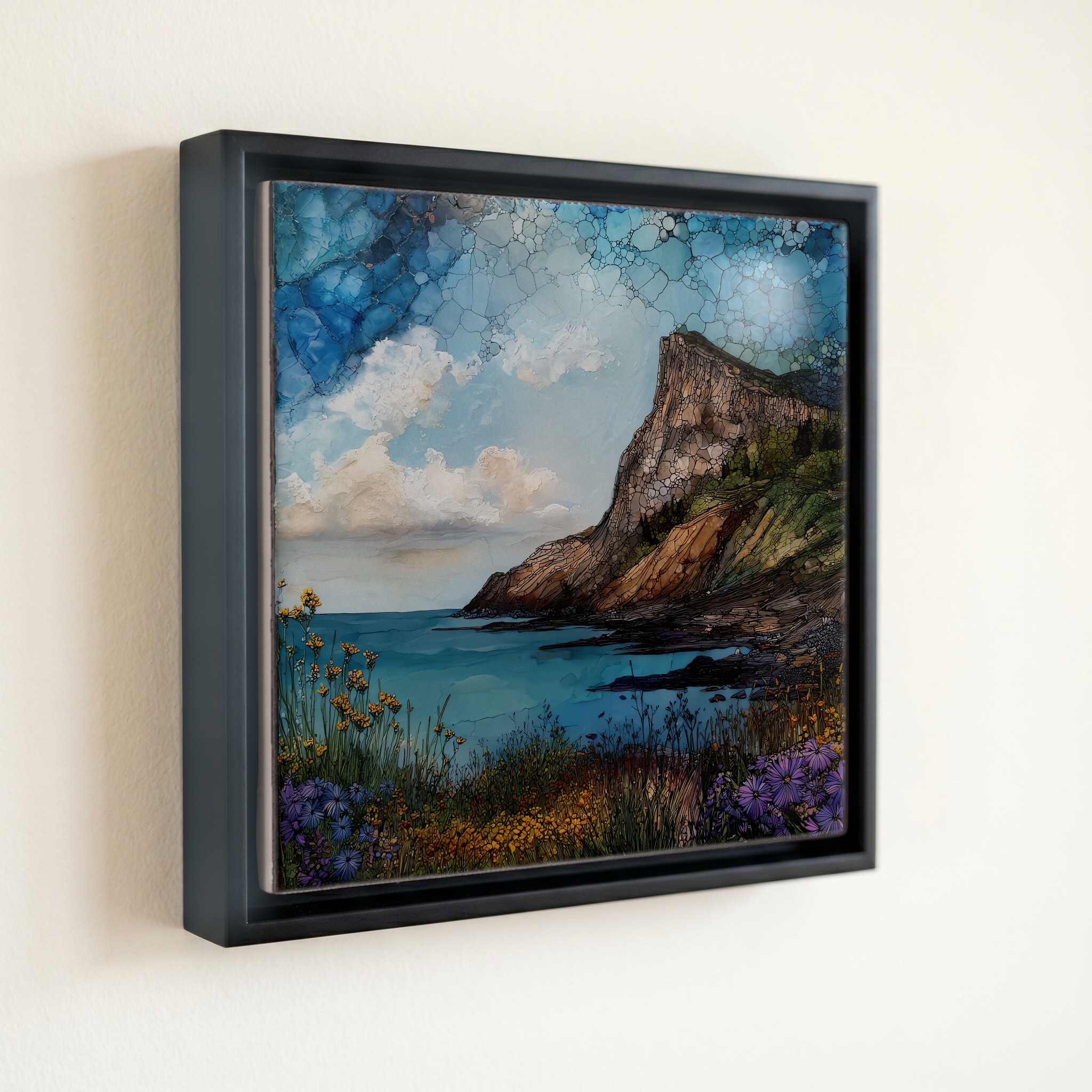 shown in a slim black floating frame · 6 × 6 in