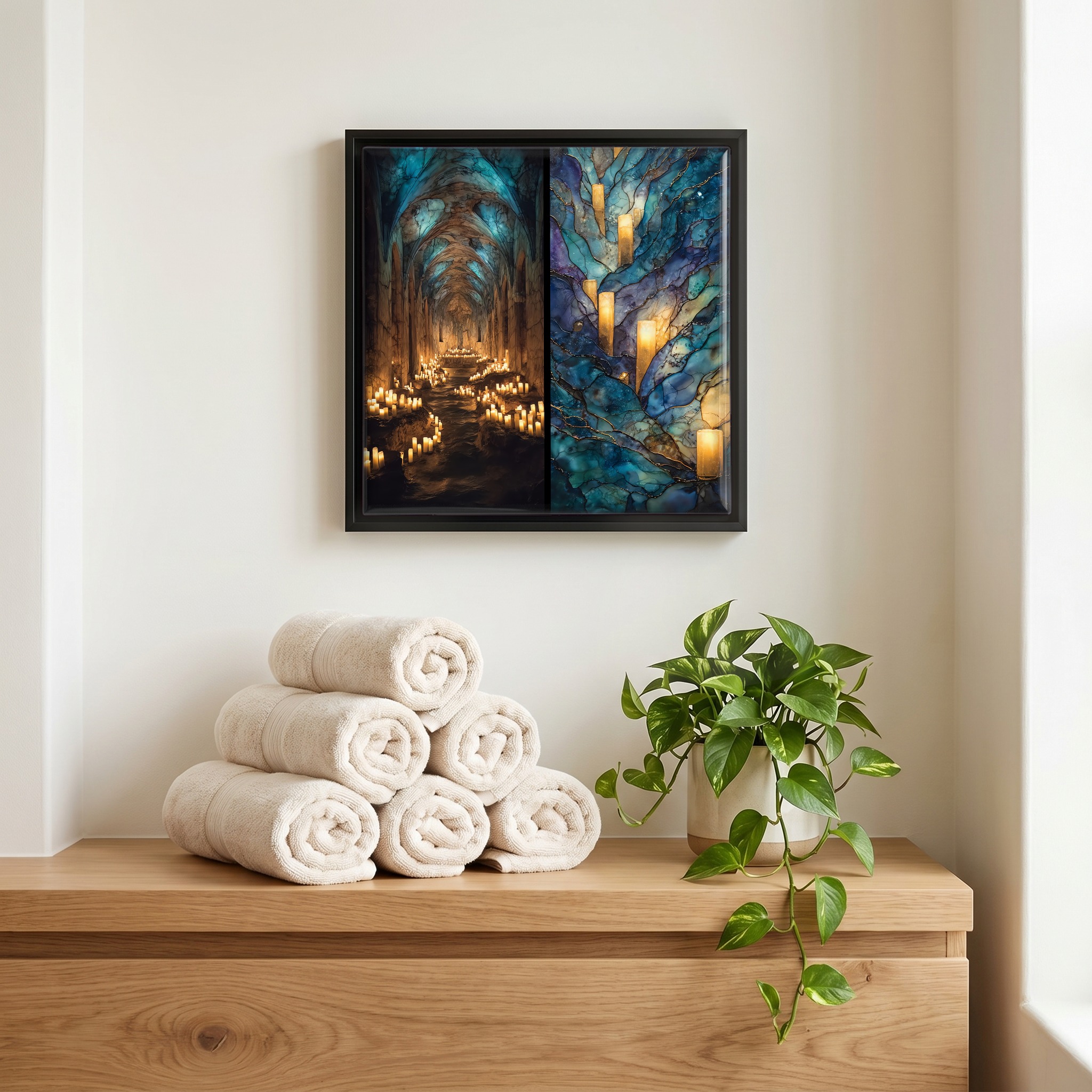 Above the linens, in a slim black surround.
