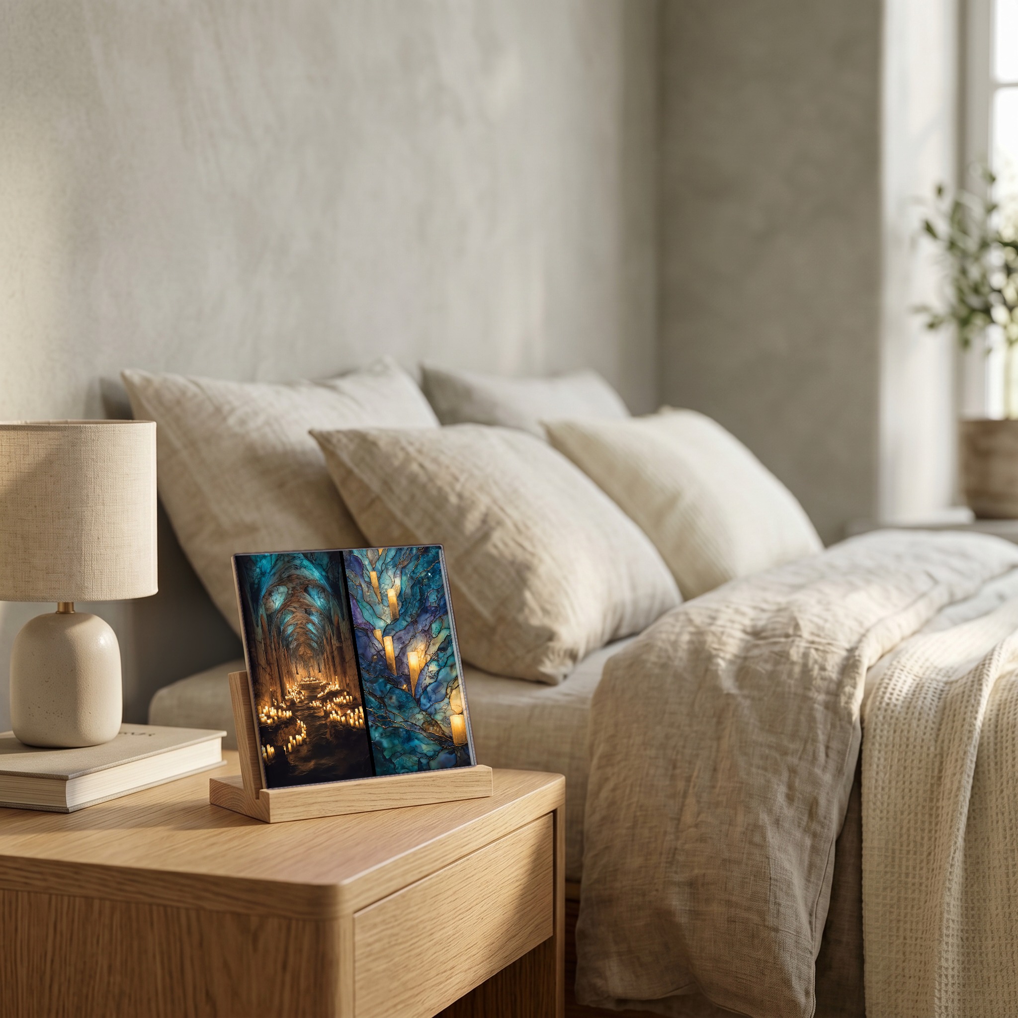 On the nightstand, on a light oak stand.