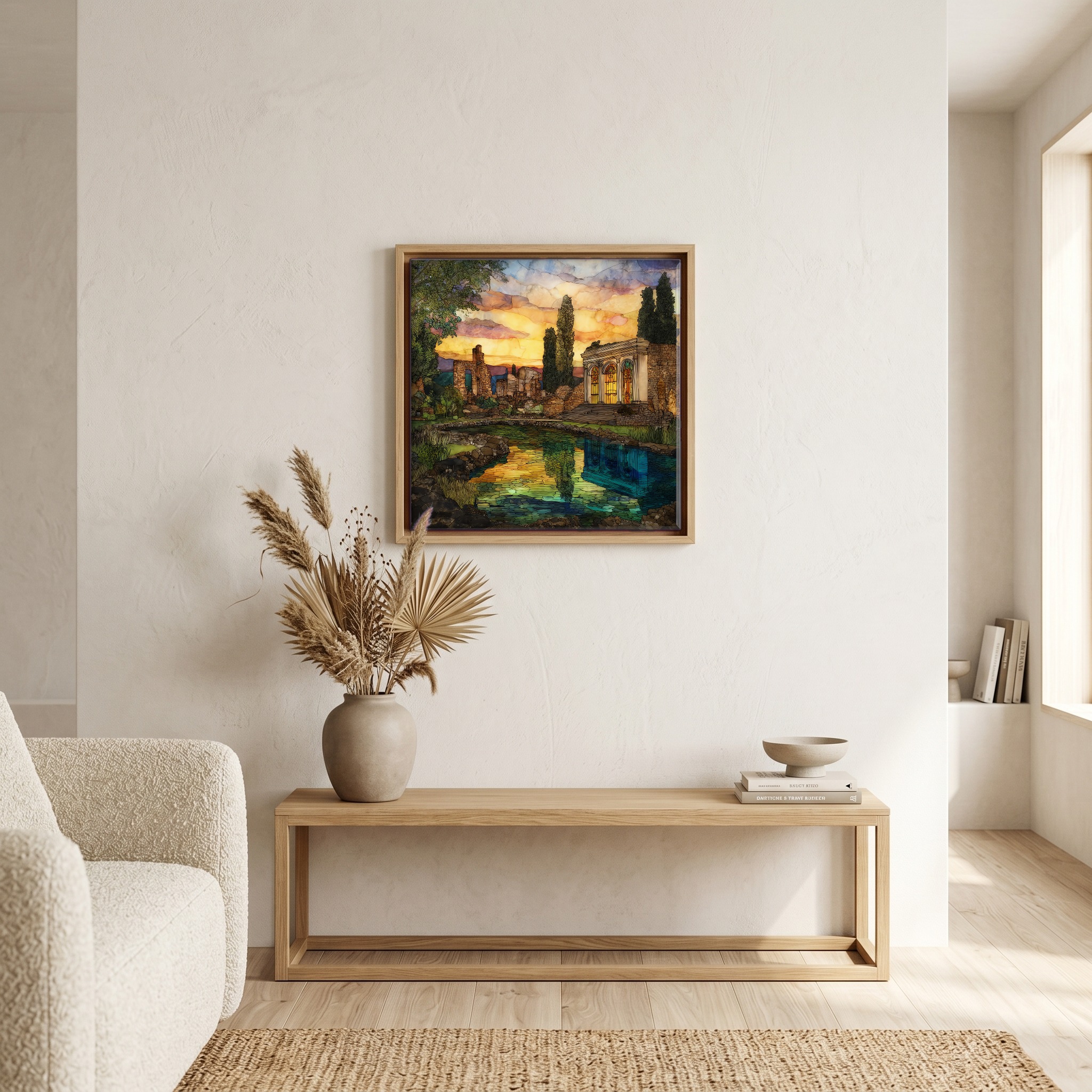 Above the bench, in a warm oak surround.
