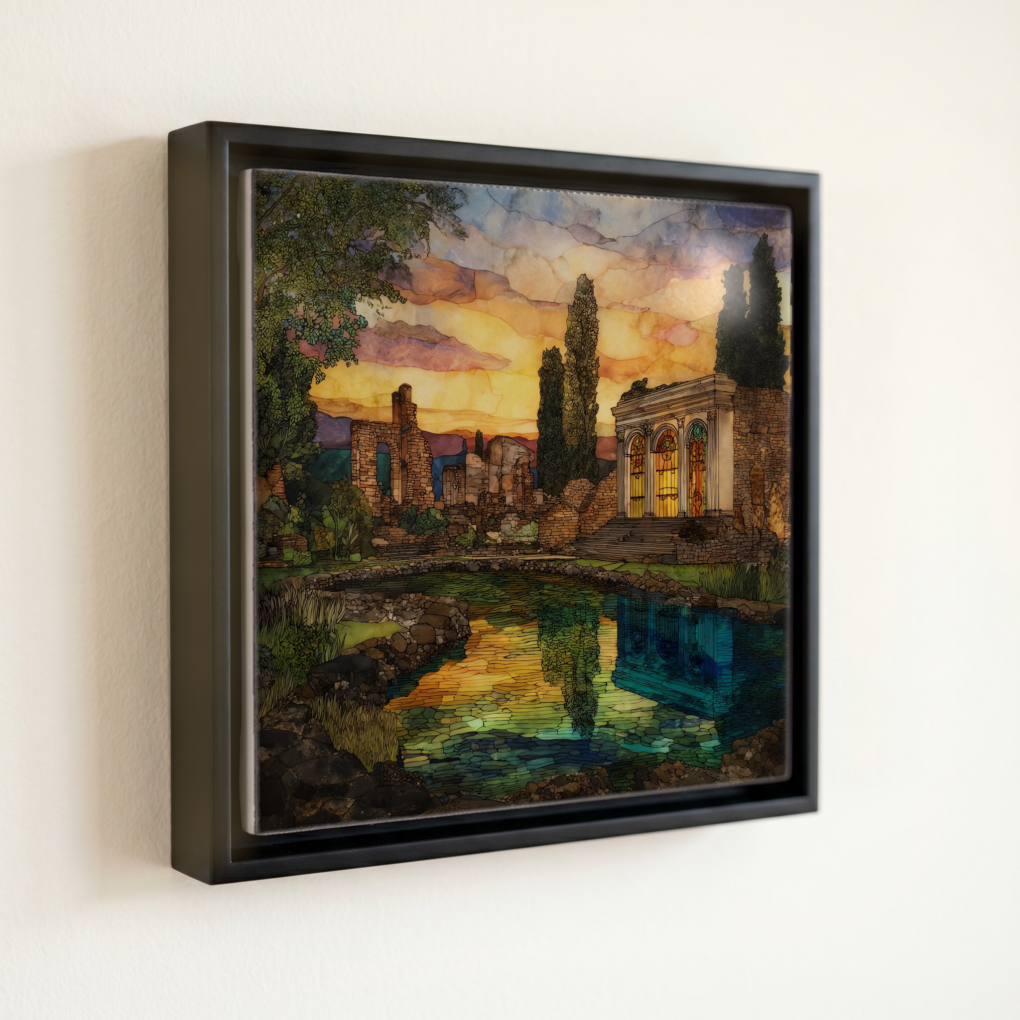 shown in a slim black floating frame · 6 × 6 in